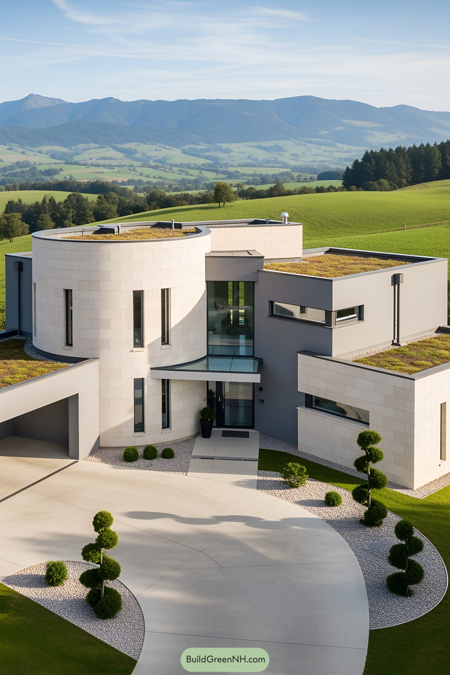 Sleek modern home with grassy rooftops on a lush hill