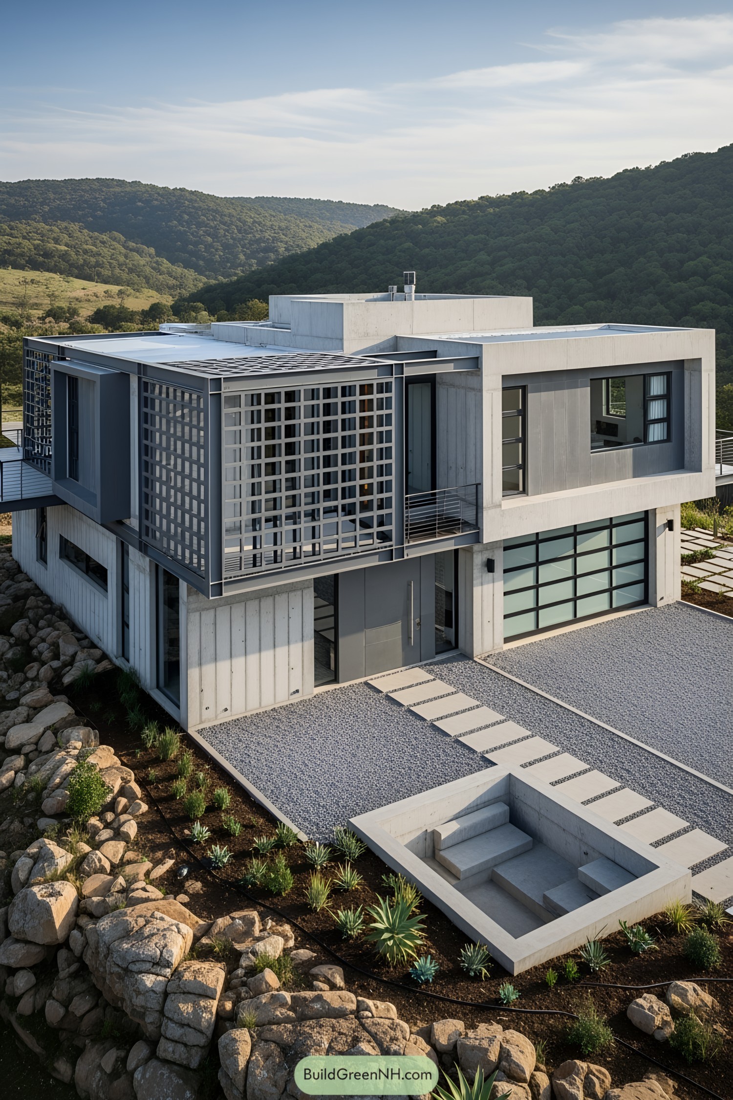 Modern house nestled on a hillside with geometric design