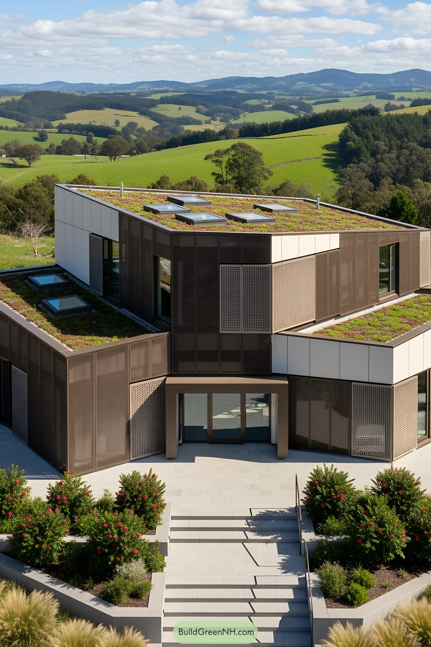 A modern house with a green roof and geometric design in a lush valley