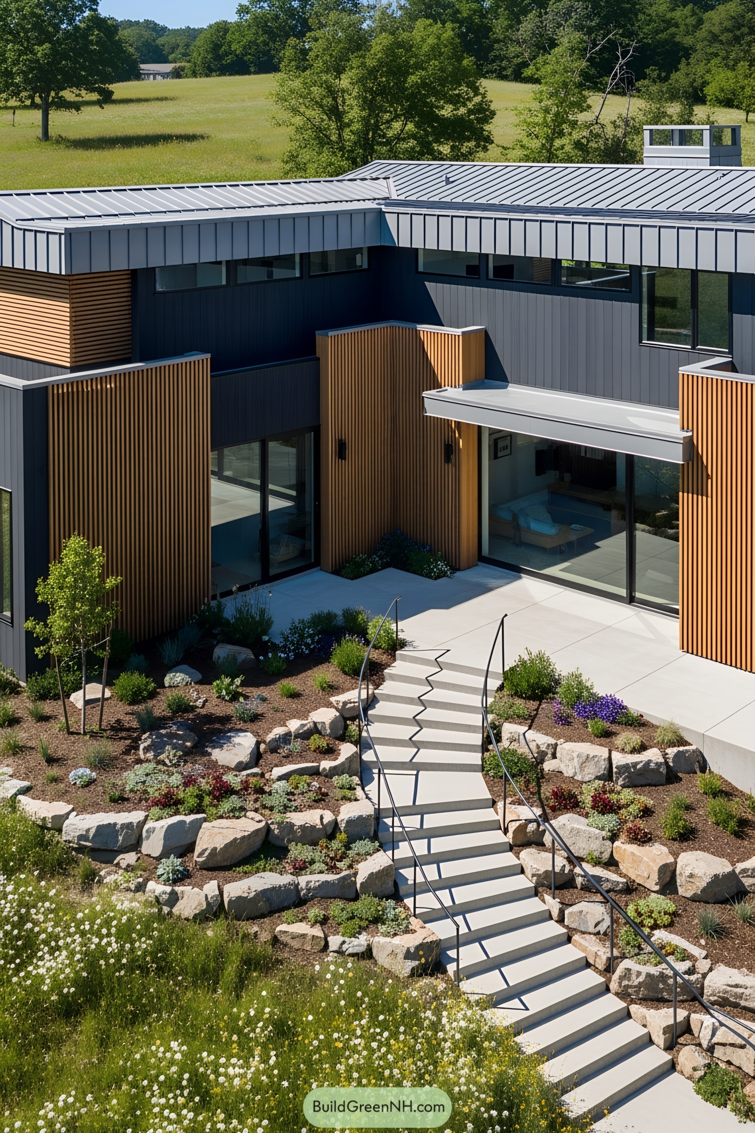 A modern house on a hill surrounded by greenery