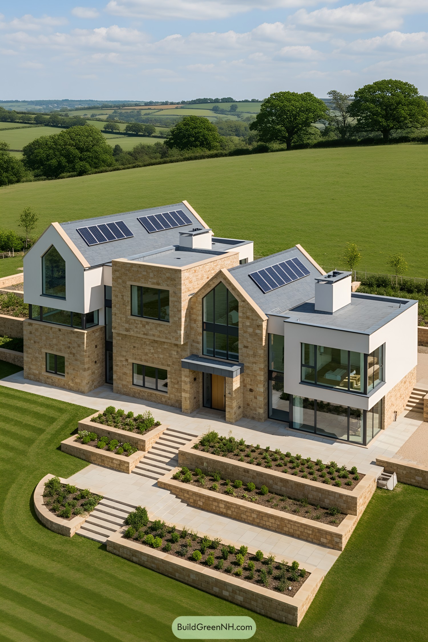 Aerial view of a modern house with solar panels on a lush hillside