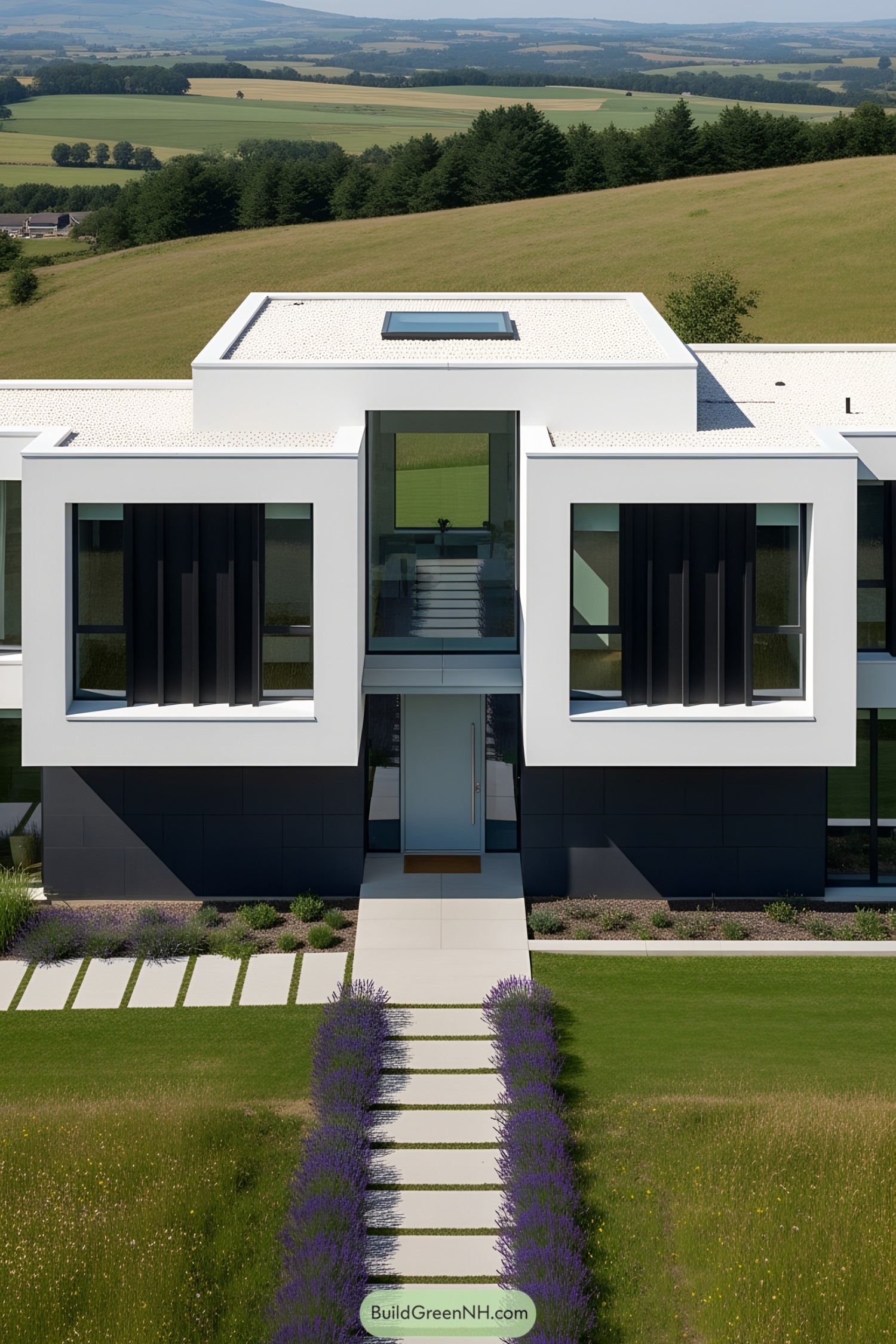 Modern house with geometric design on a hillside
