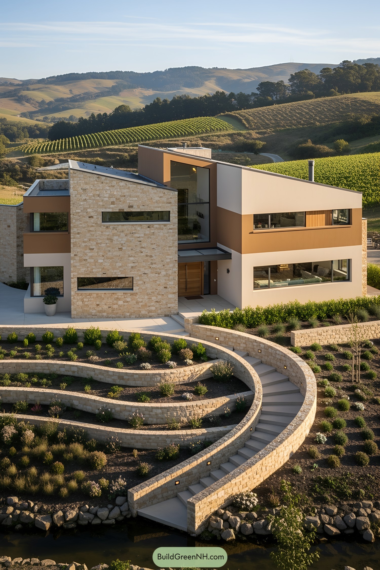 Modern house on a hillside with terraced gardens