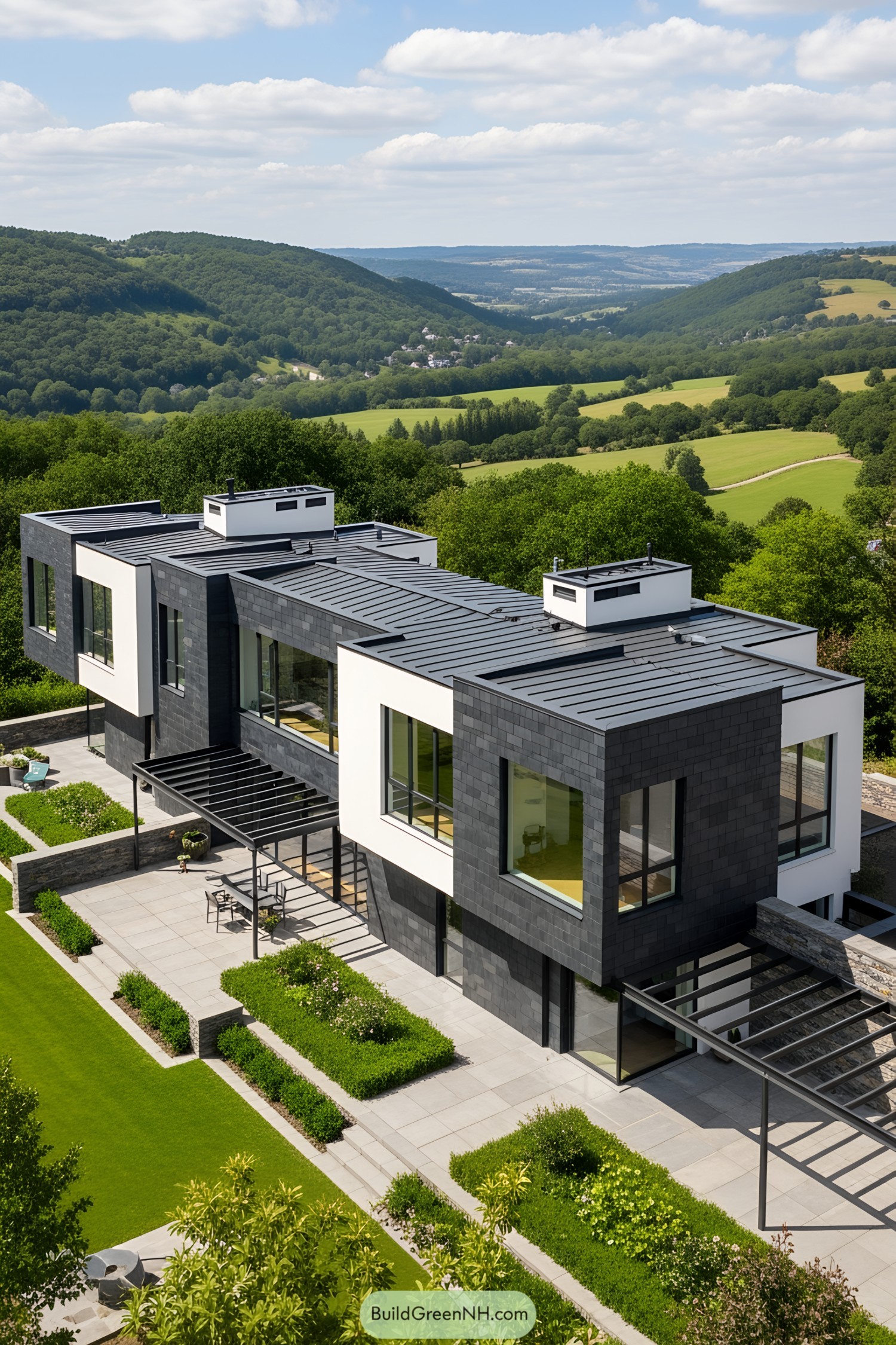 Modern house on a hillside with lush green surroundings