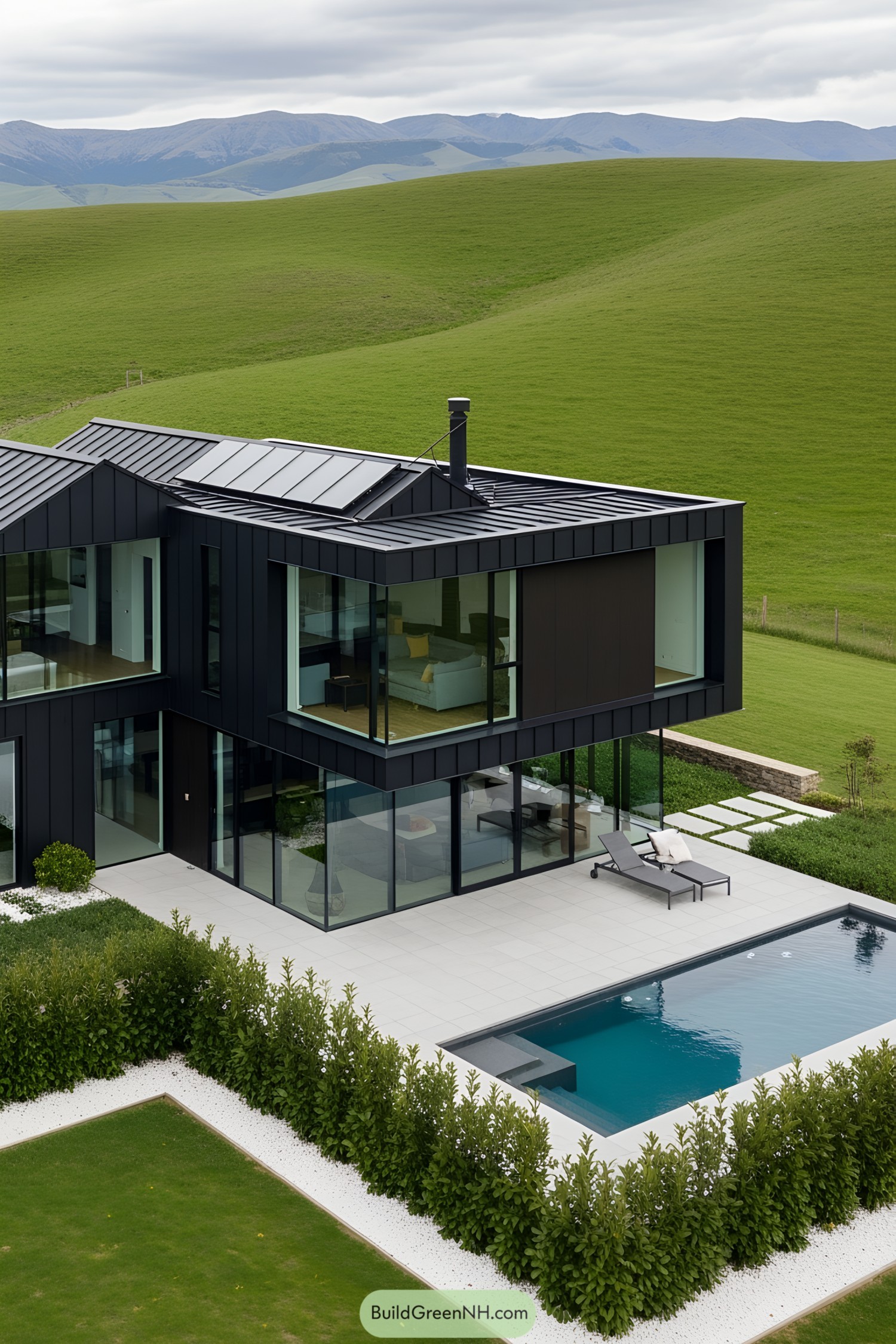 Modern house with large windows on a grassy hill