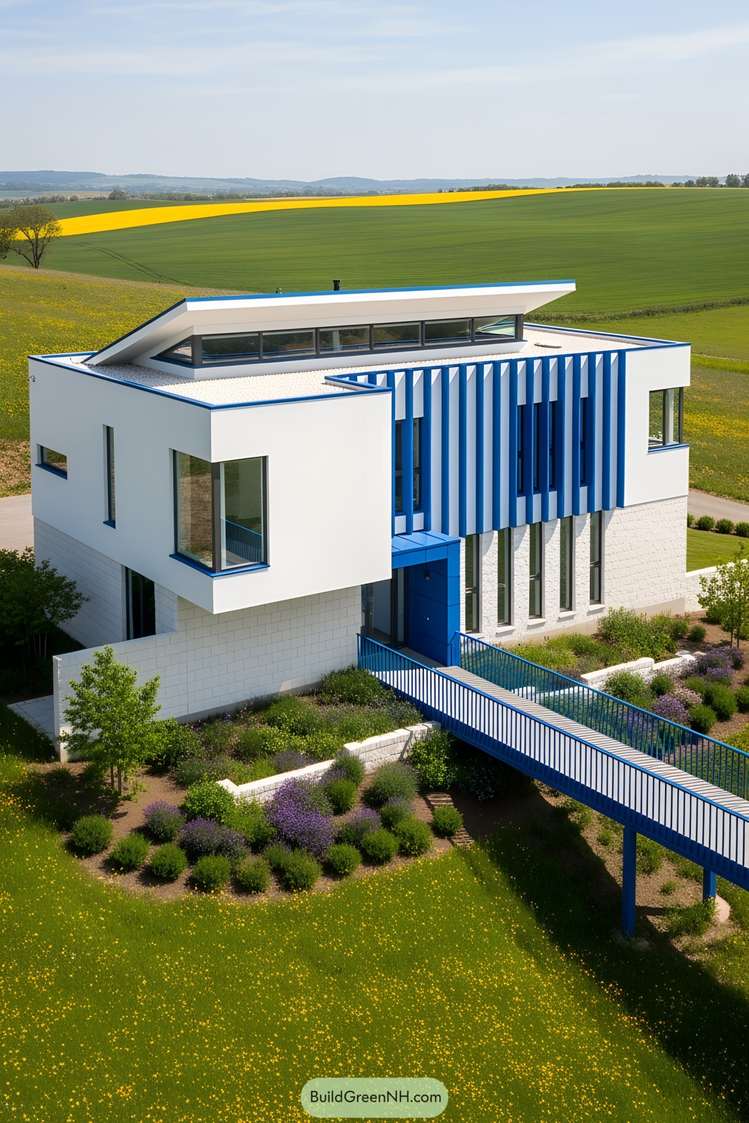 Modern house on a hillside with a bridge walkway and geometric design
