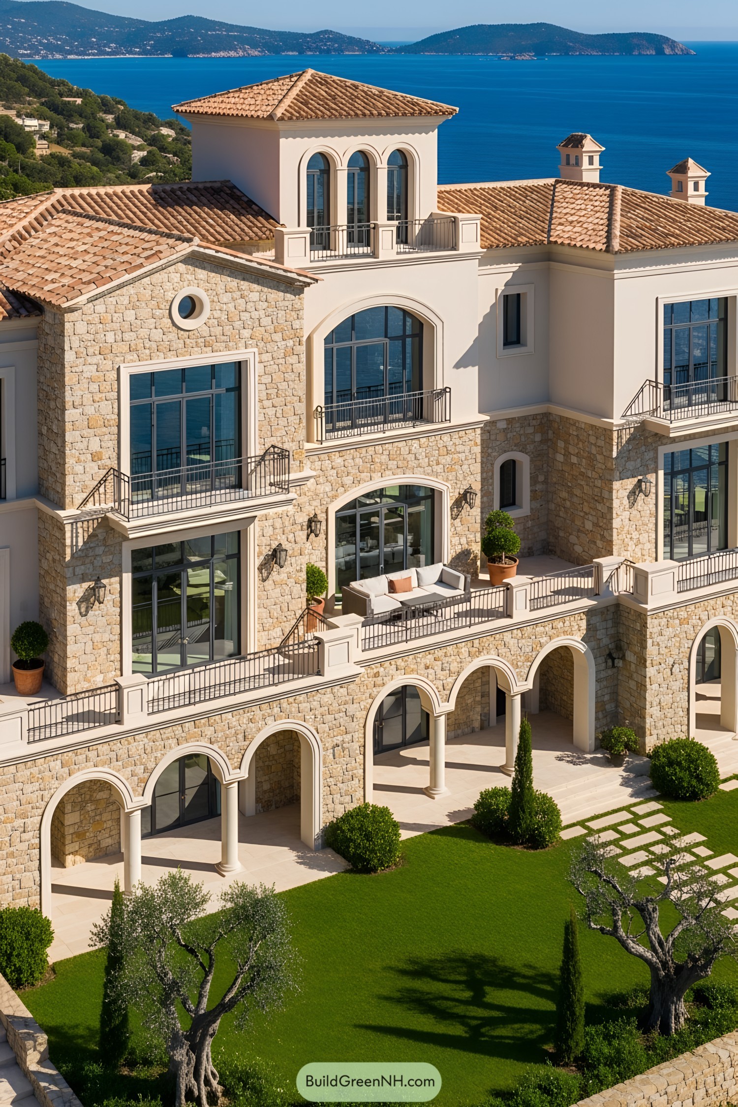 Modern stone castle overlooking the sea