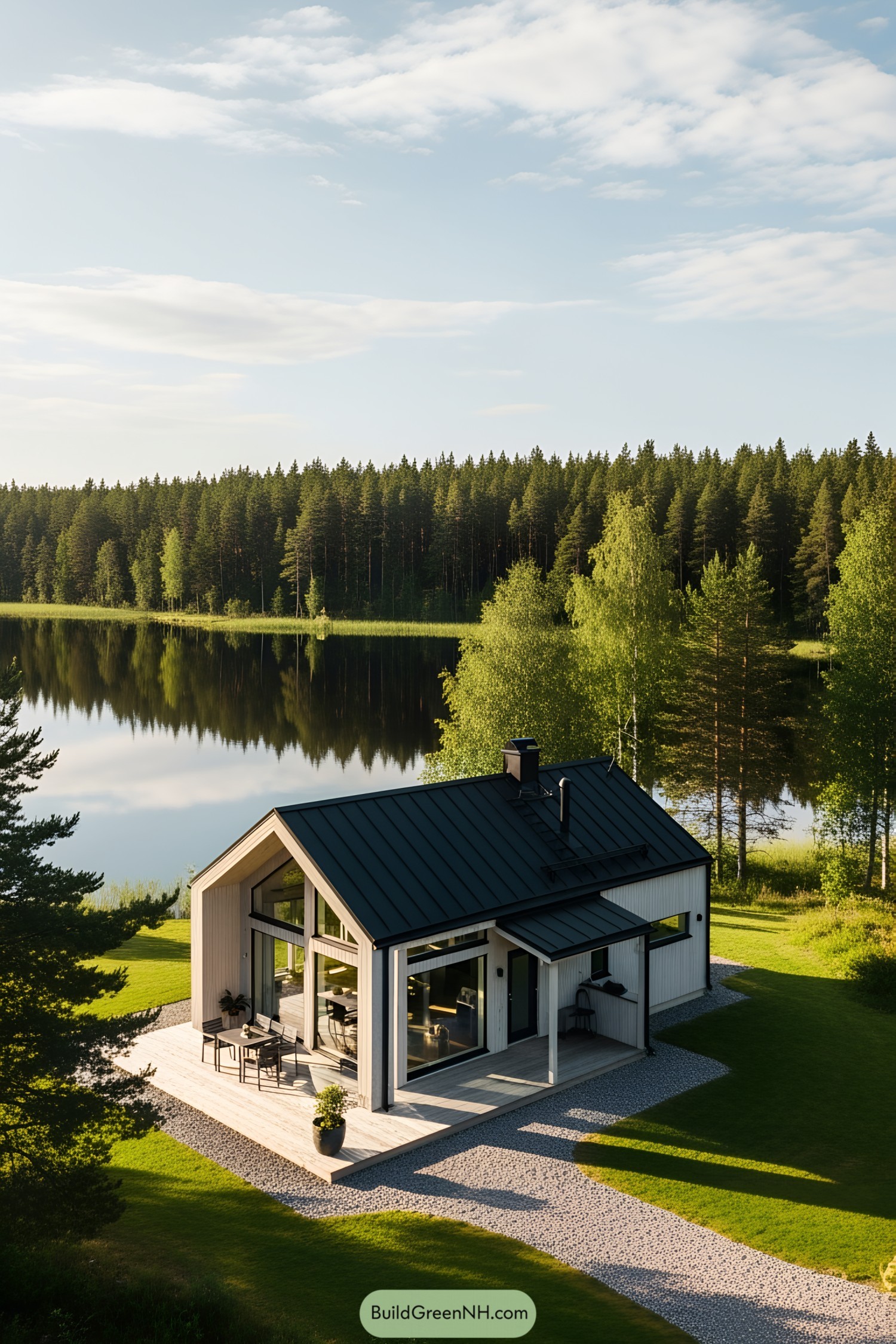 Small modern cottage by a serene lake