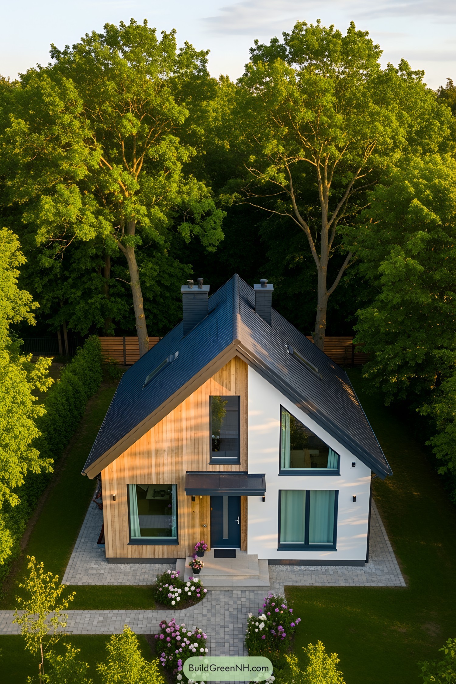 Aerial view of a modern cottage surrounded by lush trees