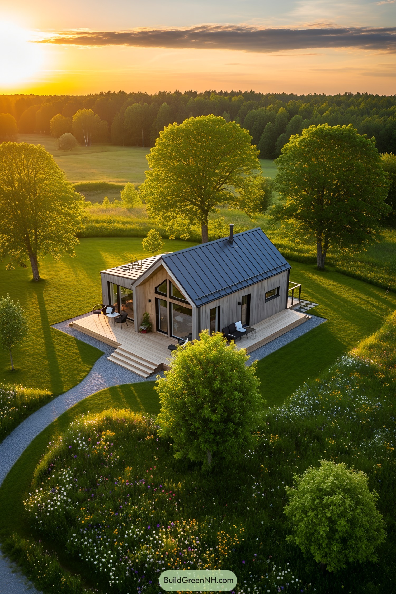 Aerial view of a sleek, modern cottage amidst lush greenery