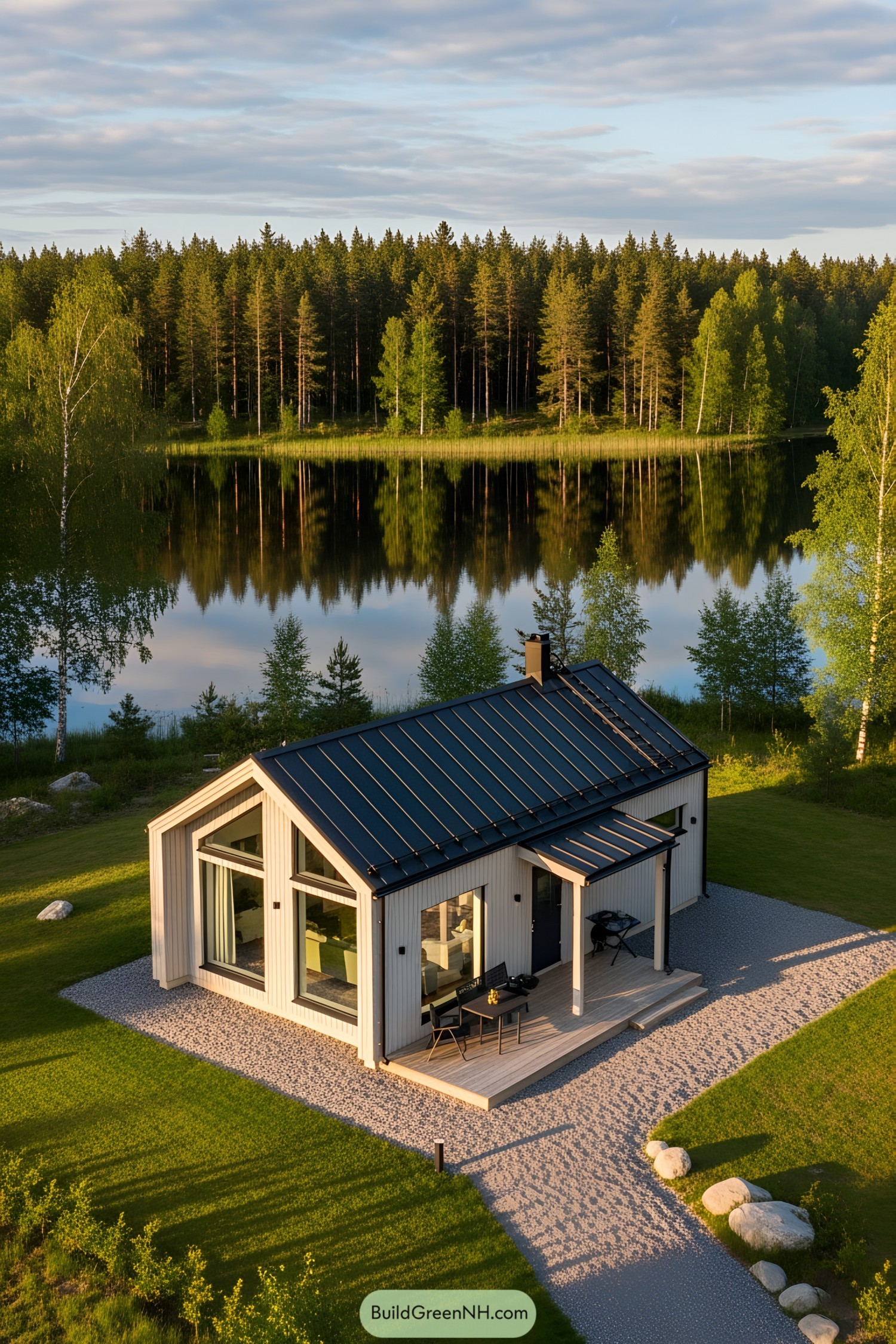 Aerial view of a modern cottage by a serene lake with forest backdrop