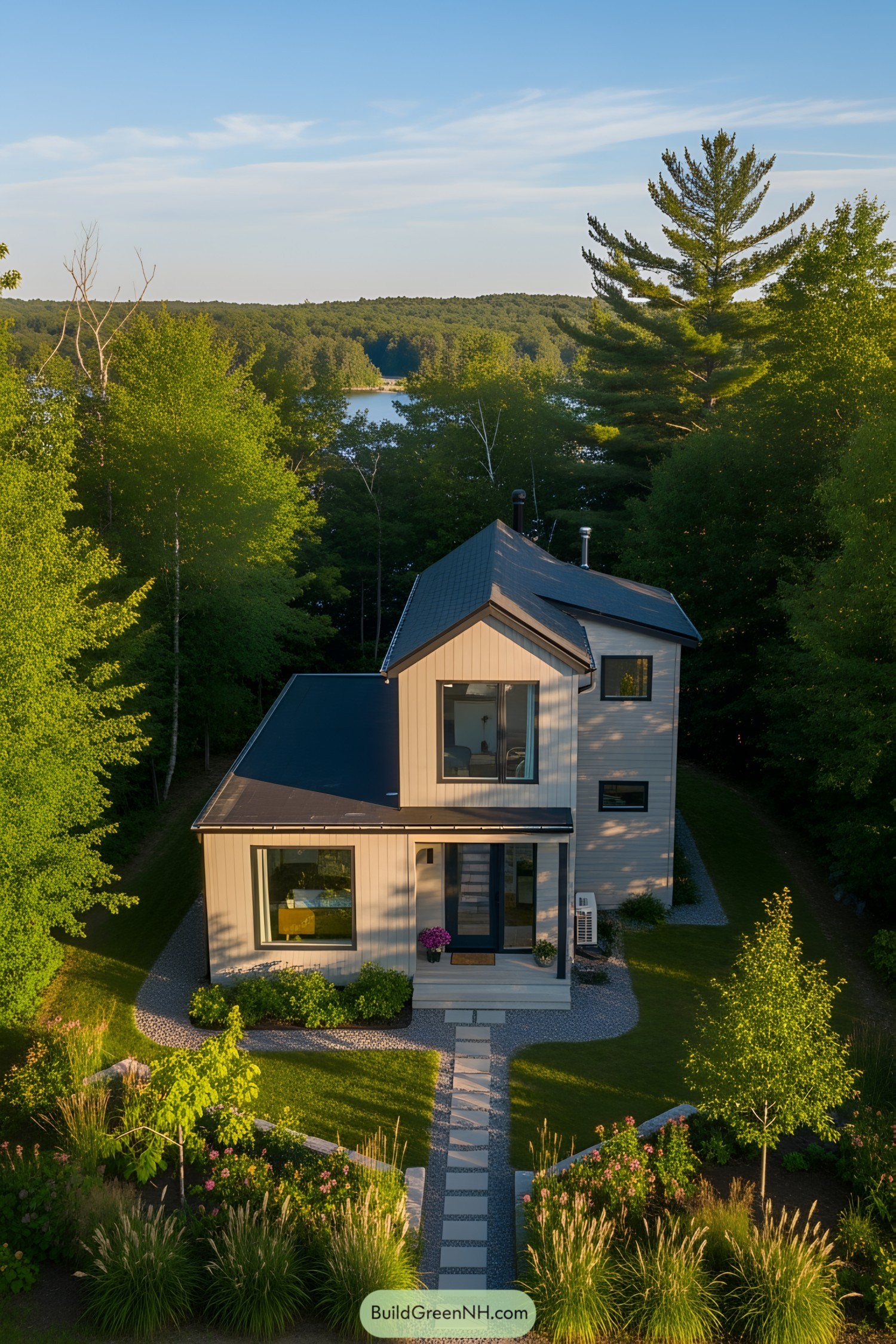 Modern cottage amidst lush greenery near a lake