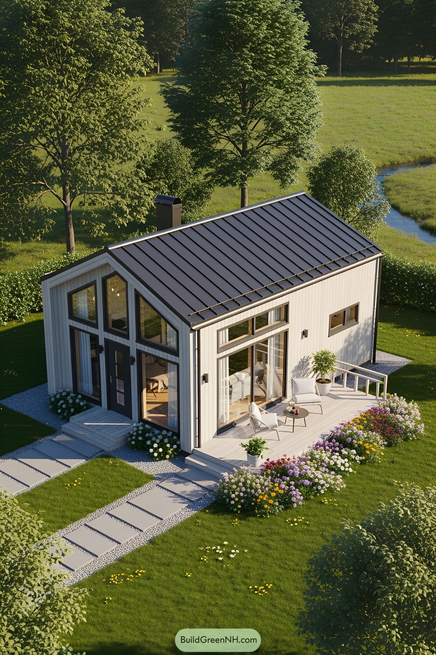 Aerial view of a modern cottage with a deck and garden