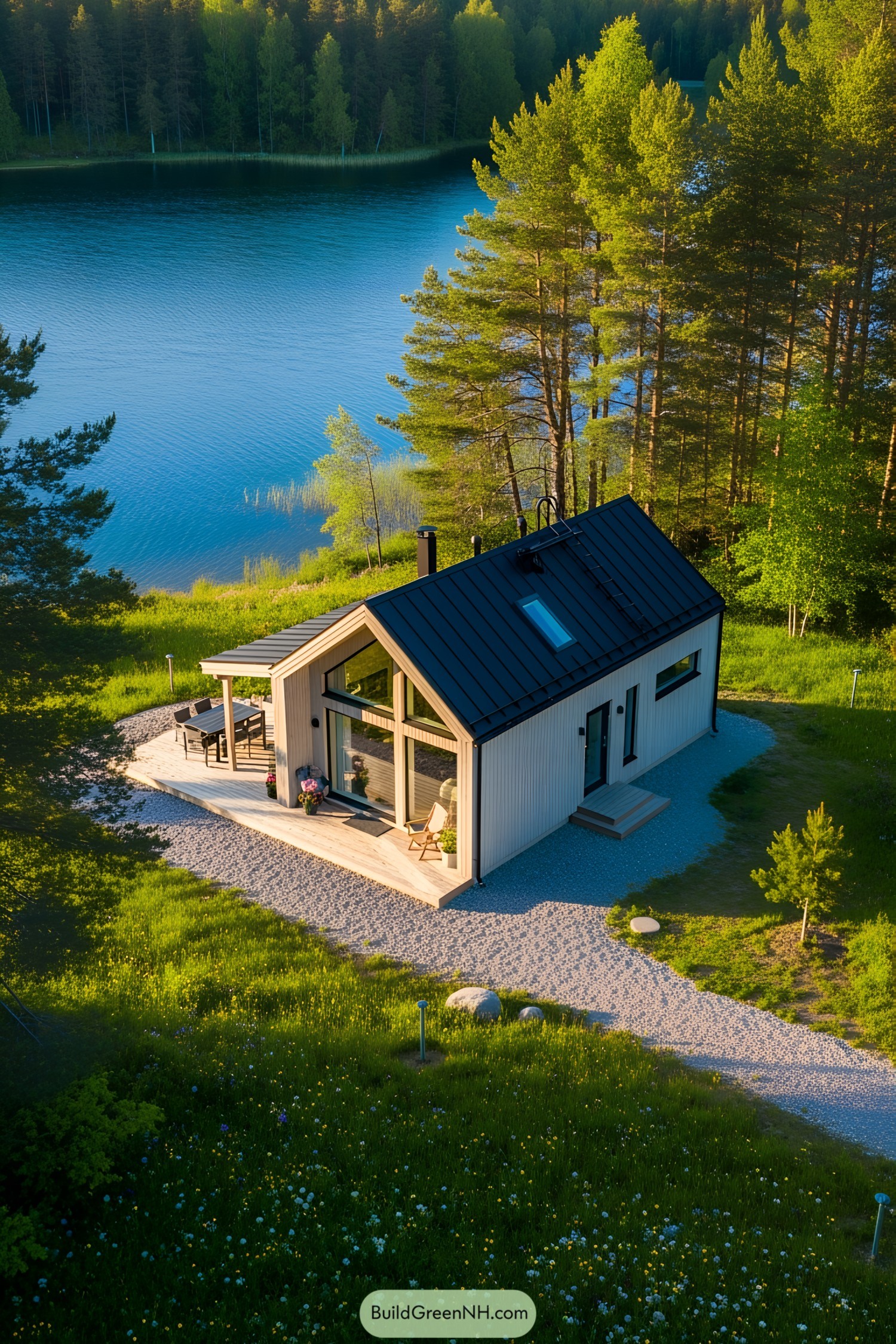 Modern cottage nestled by a tranquil lake with lush greenery