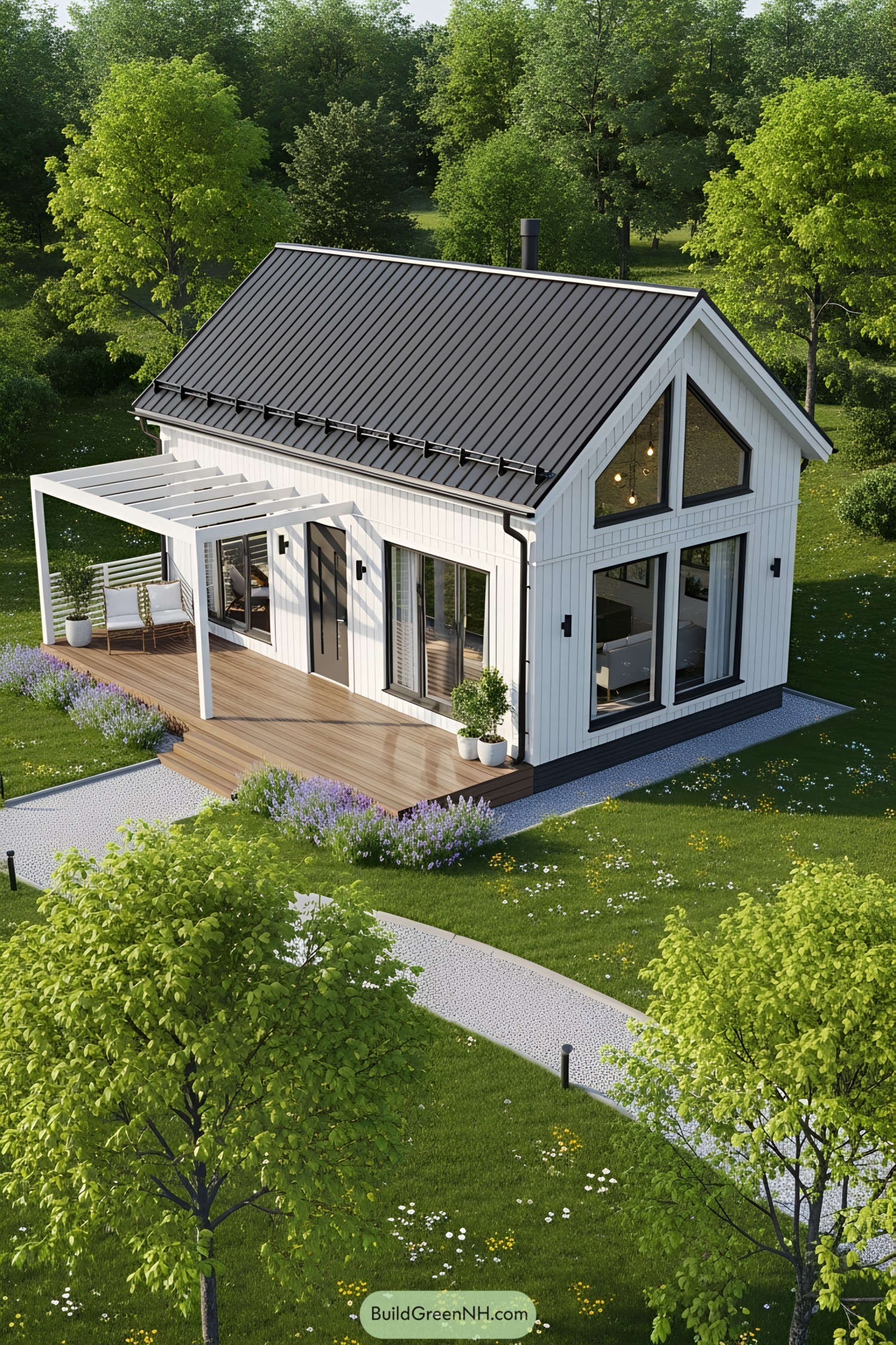Aerial view of a modern cottage with a sleek design in a lush setting