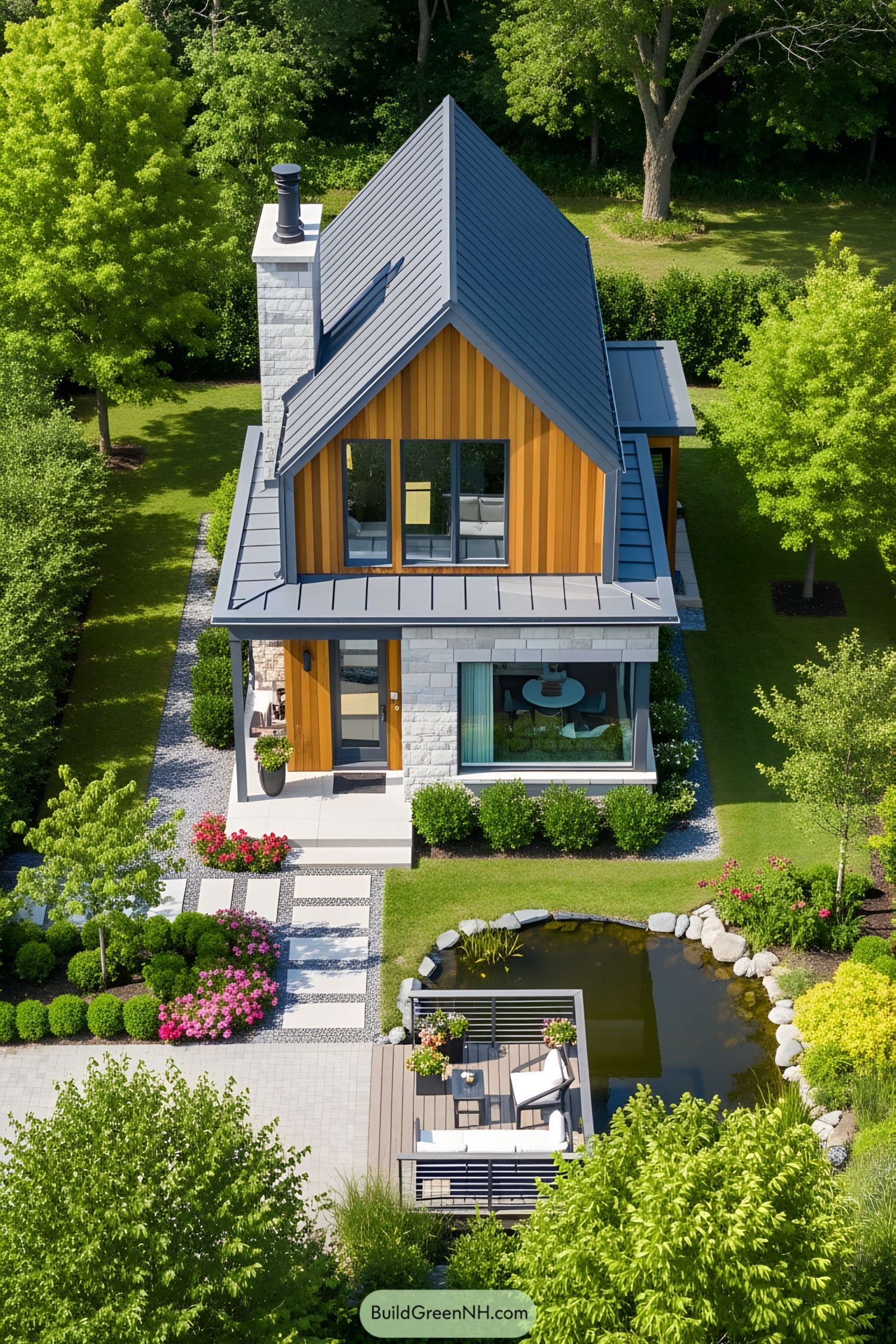 Modern cottage with lush surroundings and patio