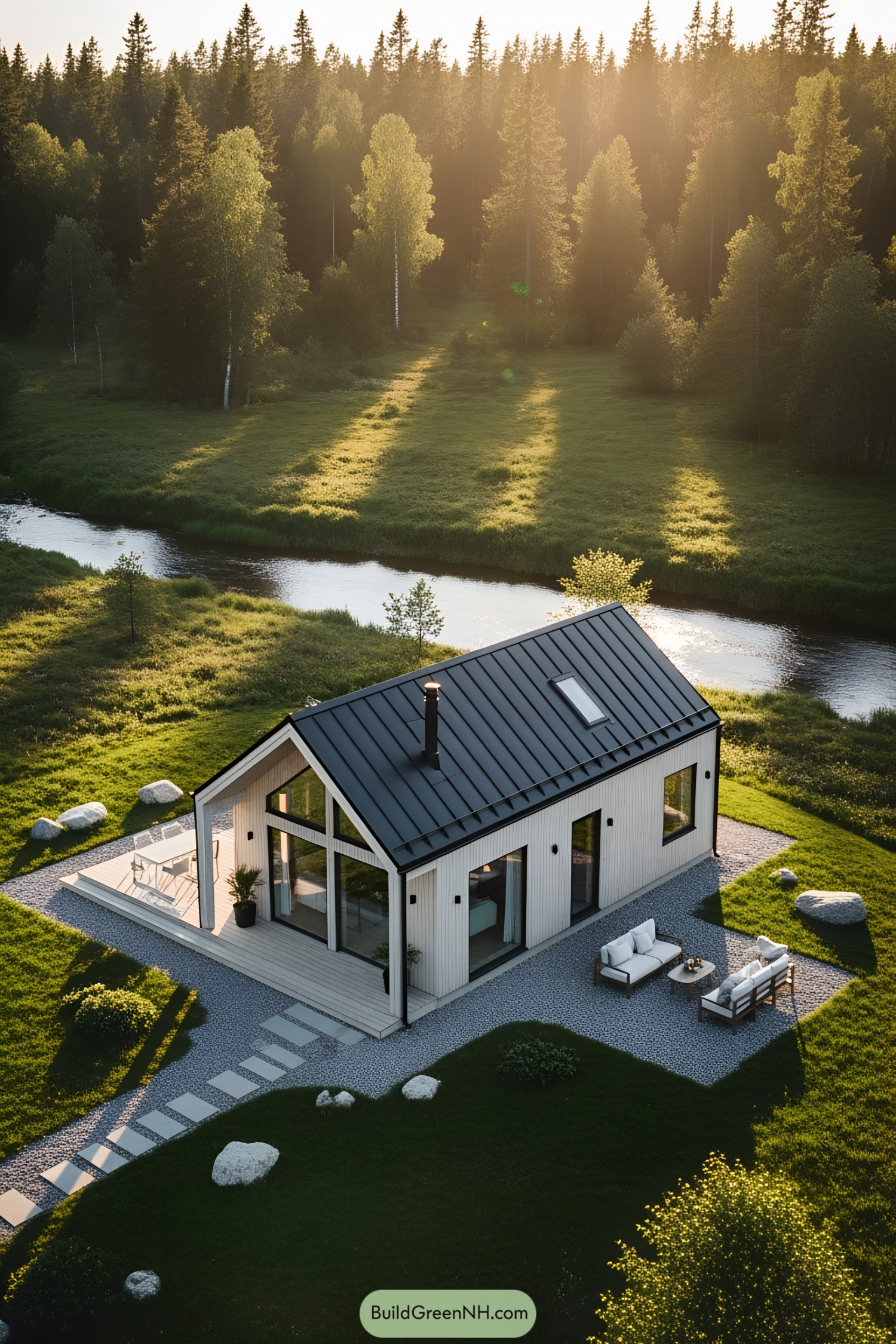 Aerial view of a sleek, modern cottage by a tranquil river