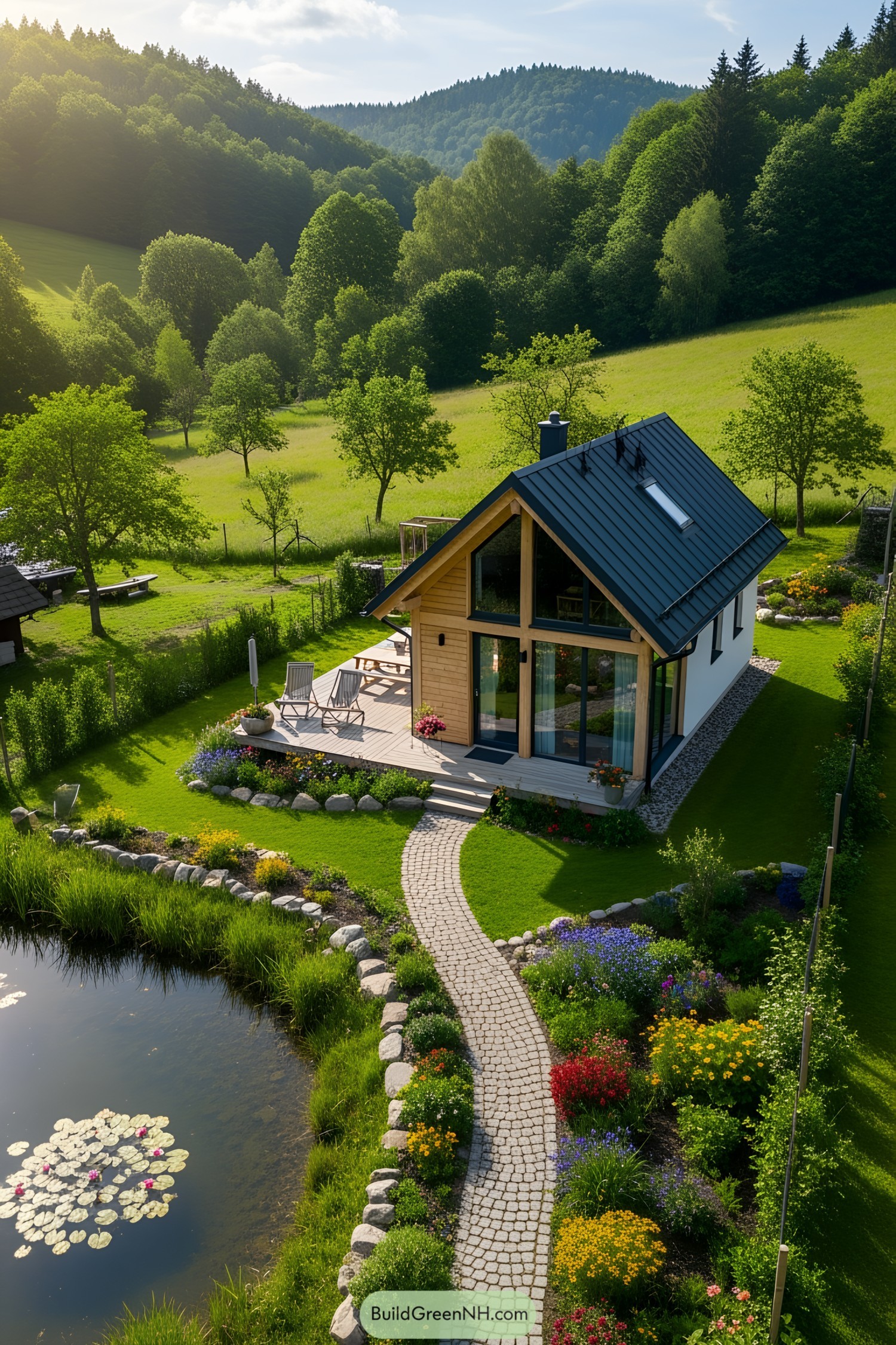 Stylish cottage with garden, path, and pond