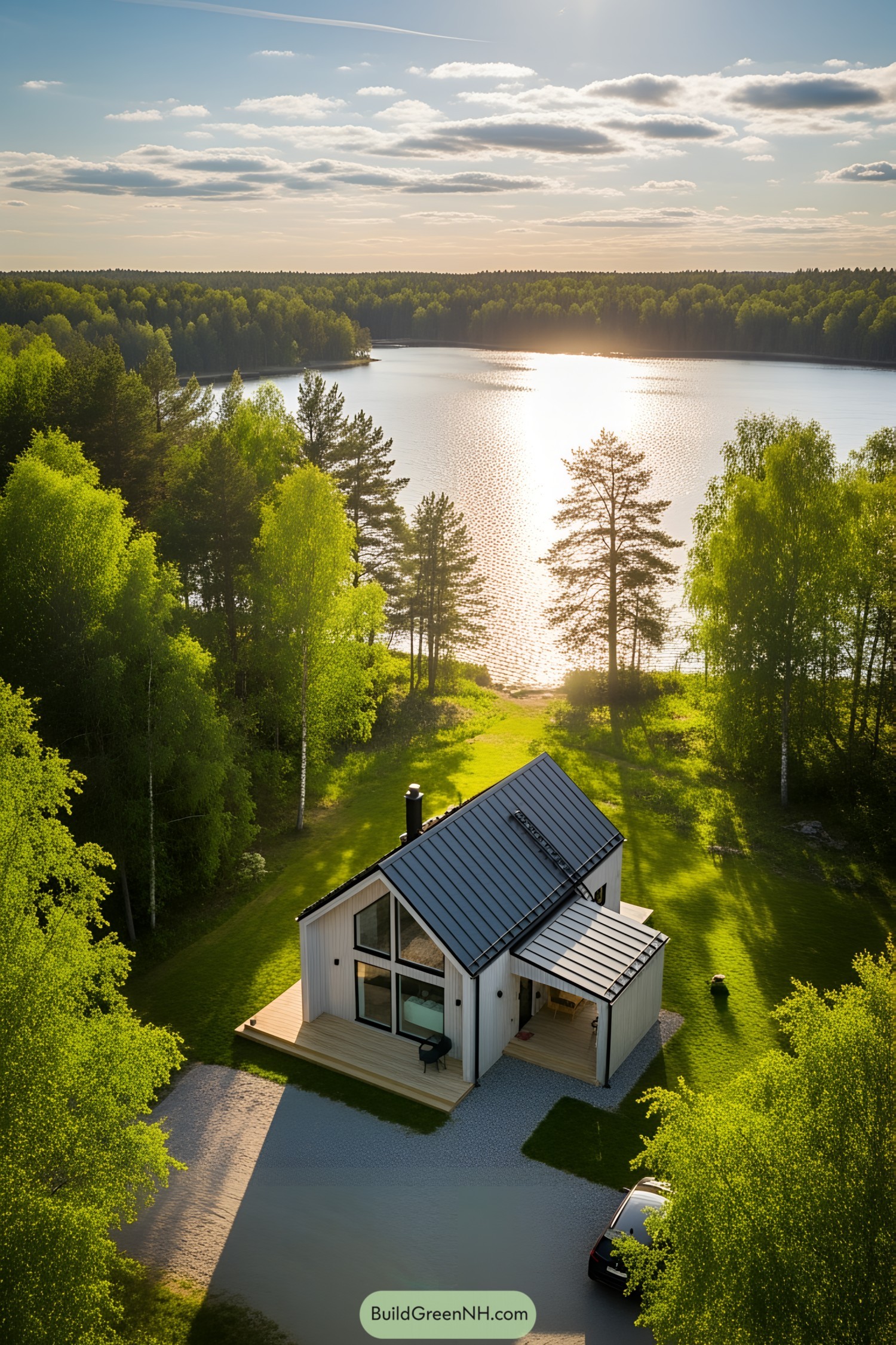 Modern cottage house by a tranquil lake with surrounding greenery