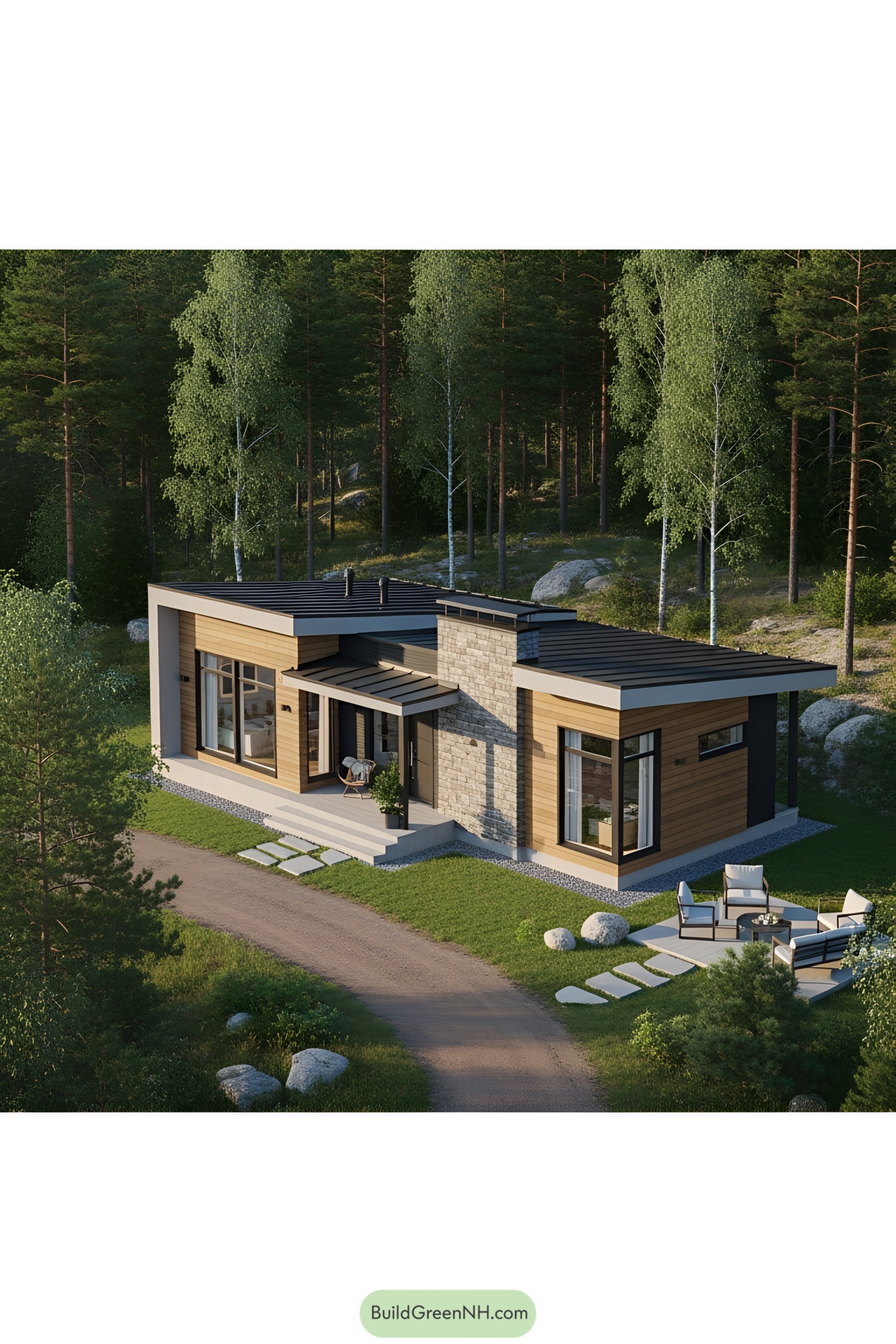 Modern cottage nestled in a lush forest clearing