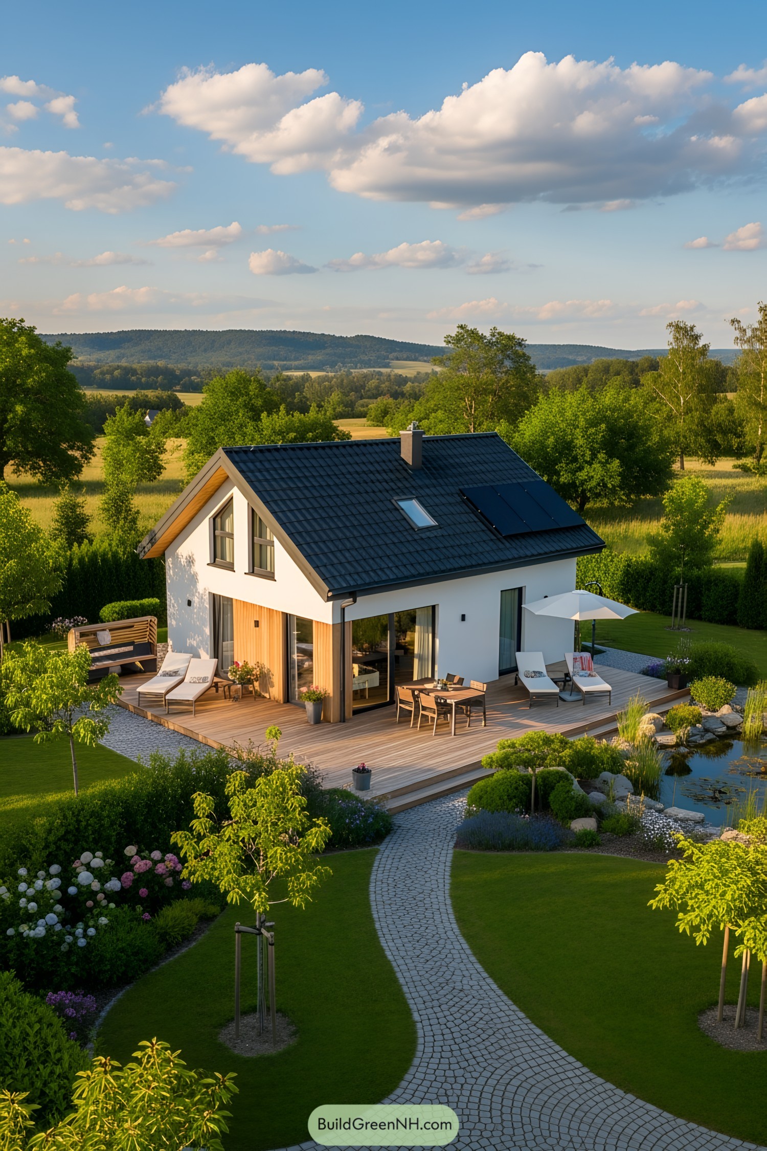 Modern cottage with deck surrounded by lush landscape