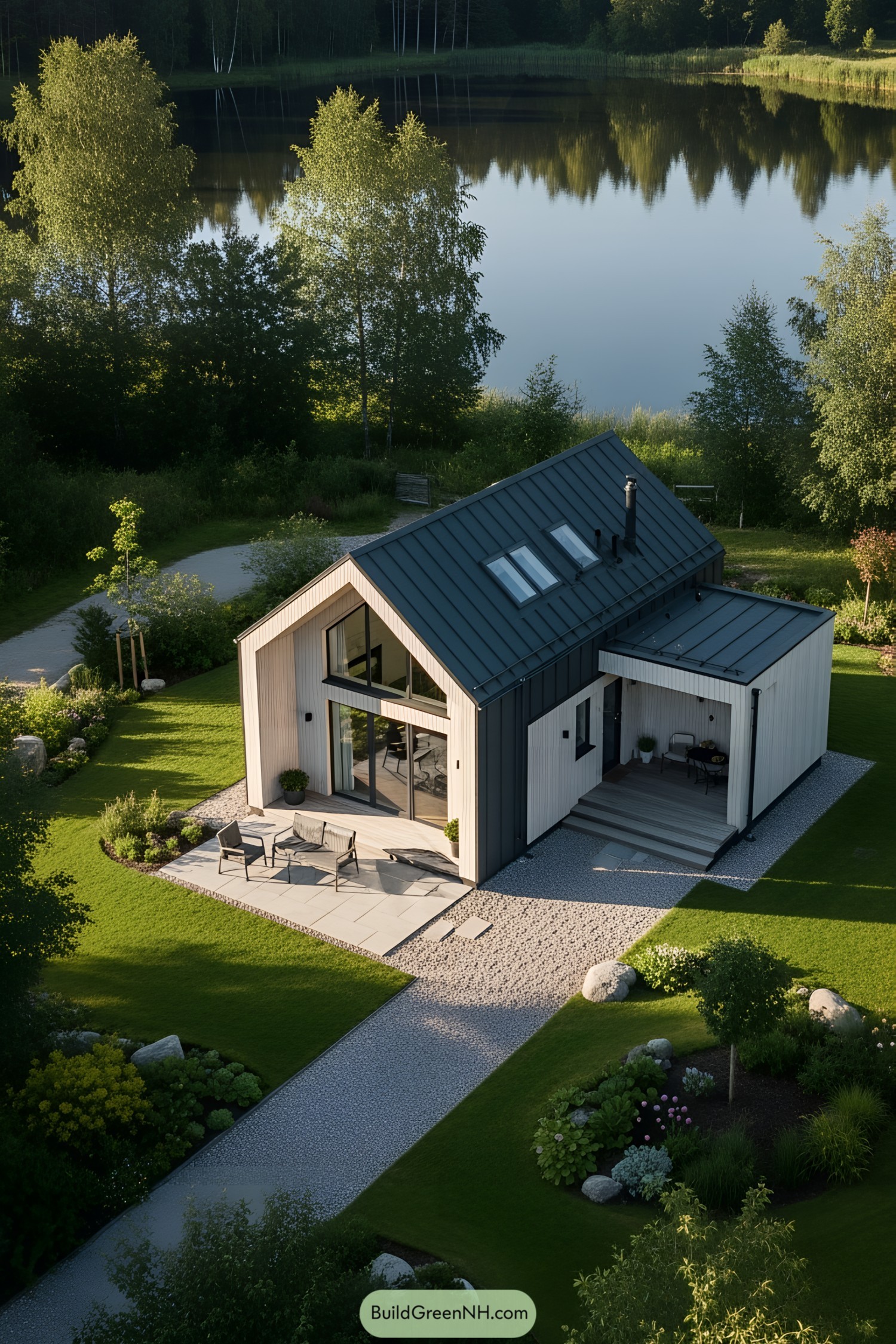 Modern cottage house with garden by the lake