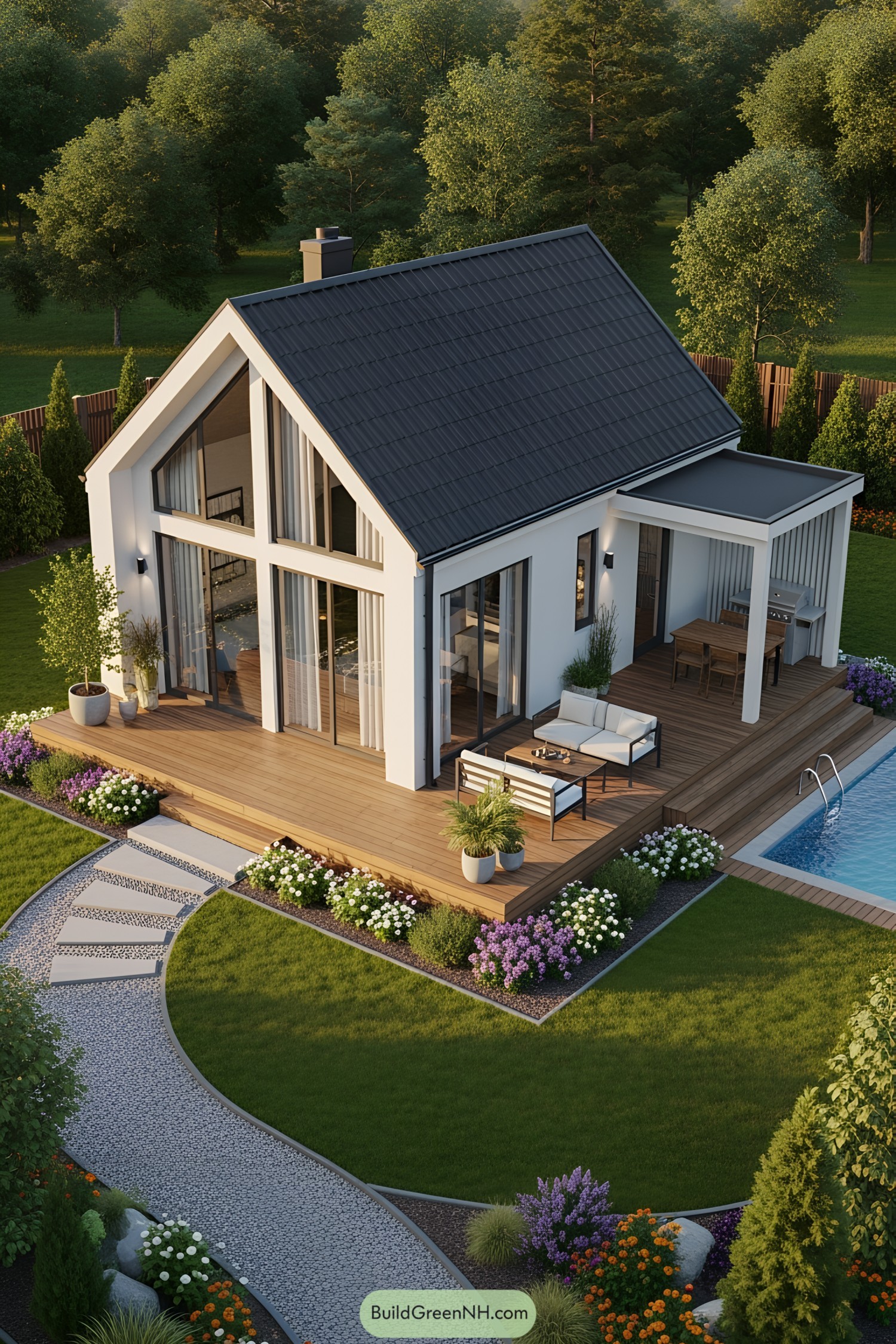 Aerial view of a stylish cottage with a wooden deck and garden