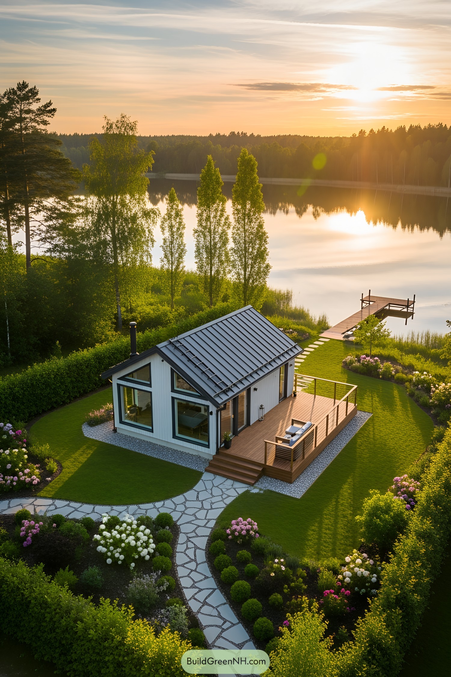 Aerial view of a charming cottage by a serene lake at sunset