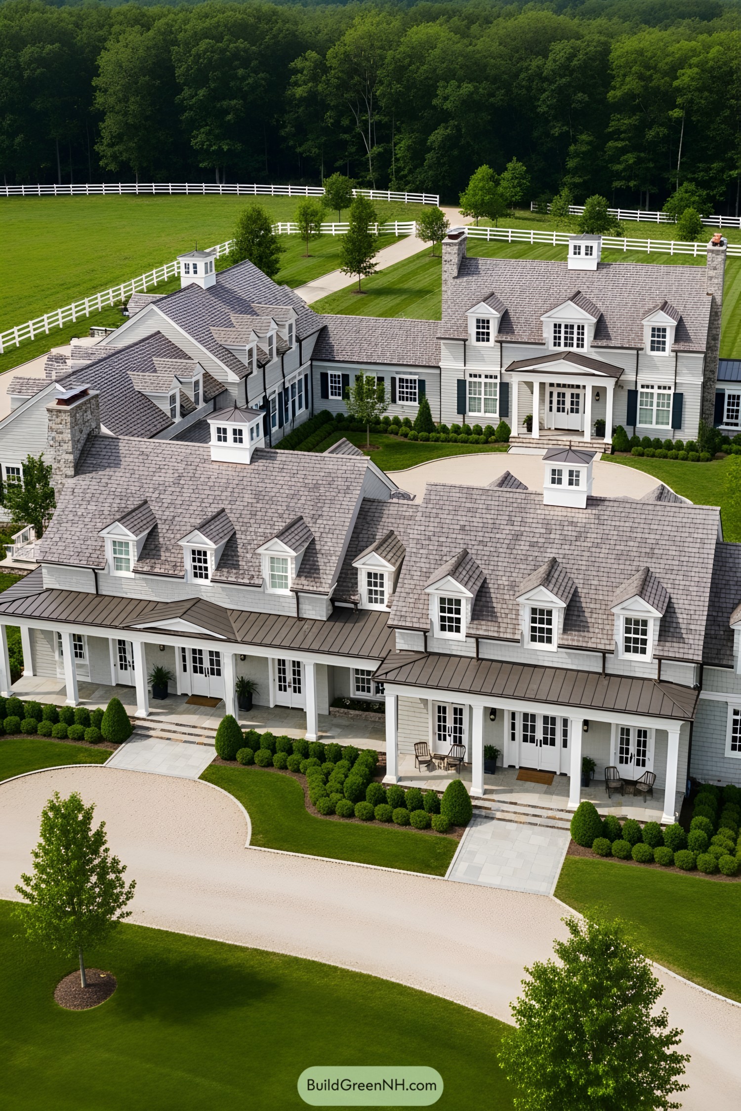 Large, elegant ranch mansion with manicured lawns and a wrap-around porch