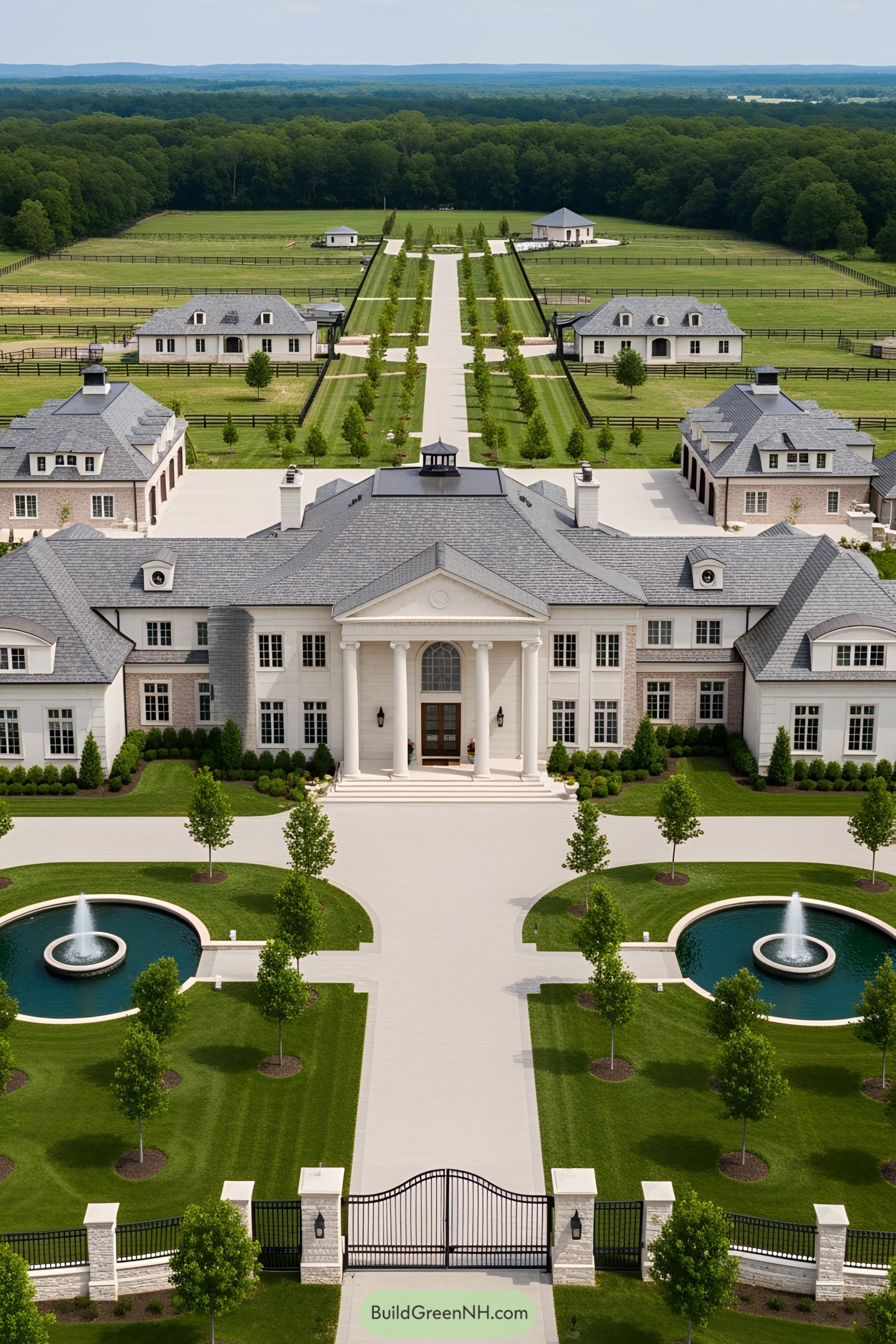 Grand mansion with fountains and formal gardens