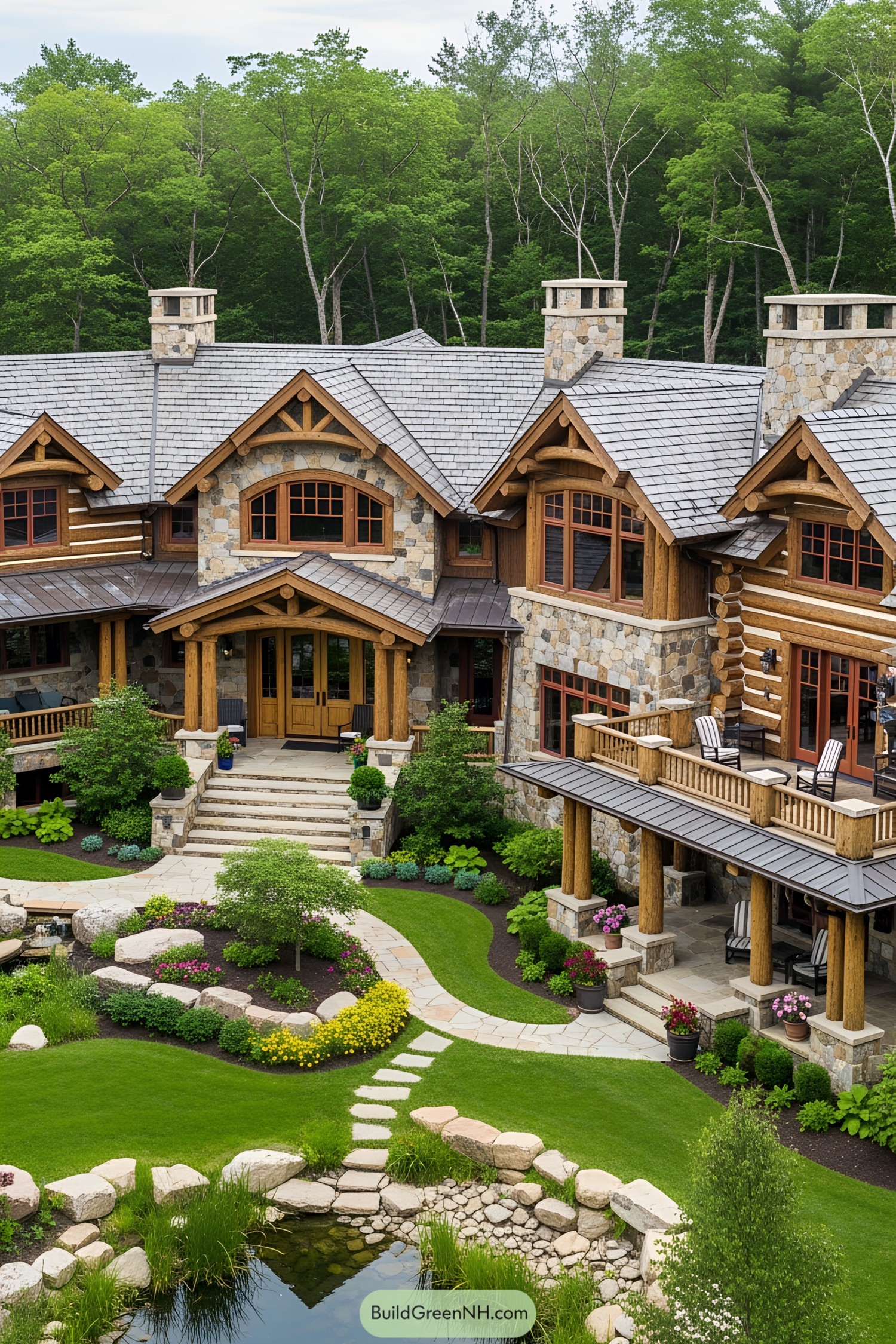 Log-style mansion with stone façade surrounded by vibrant gardens