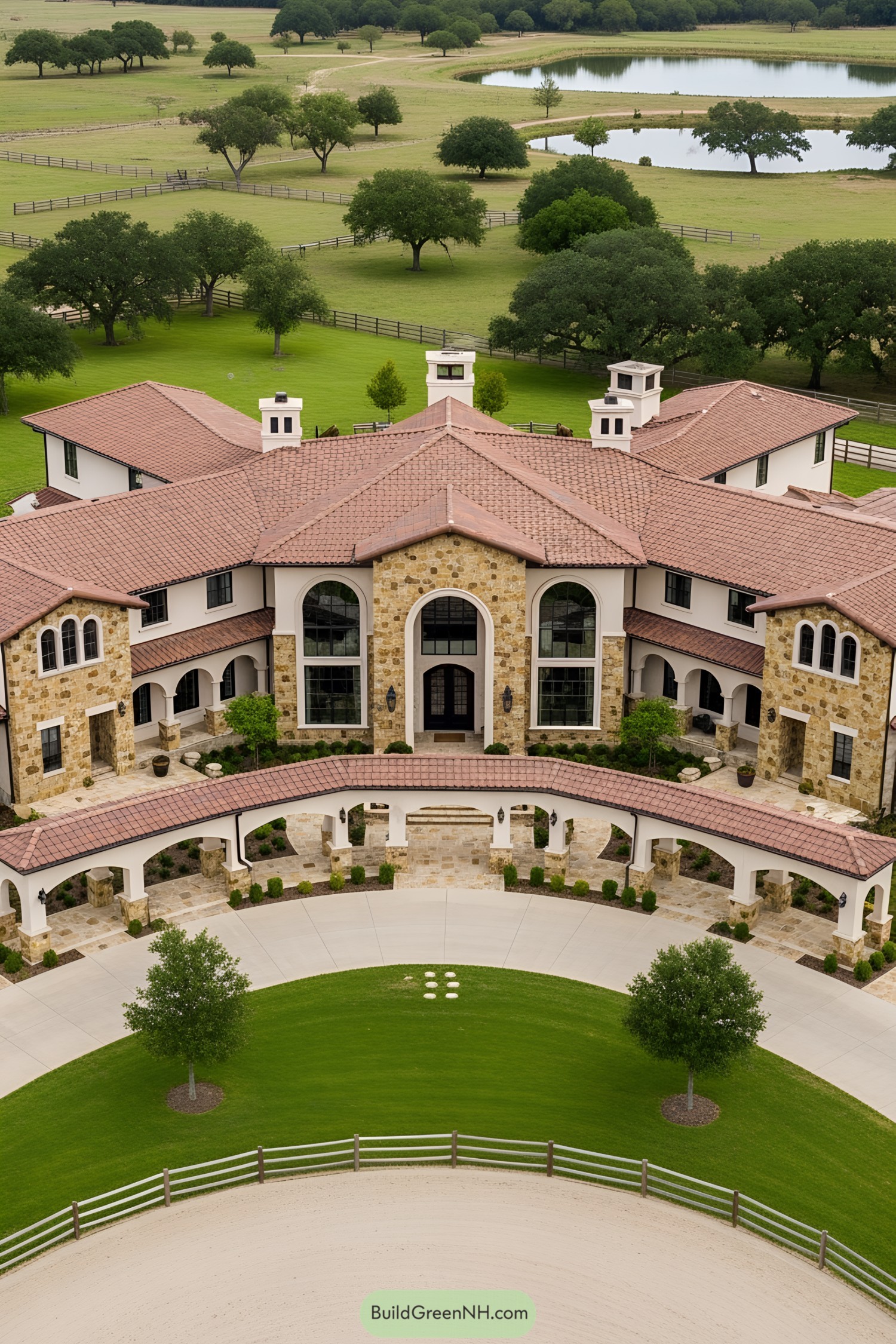A grand ranch mansion with stone accents and lush surroundings