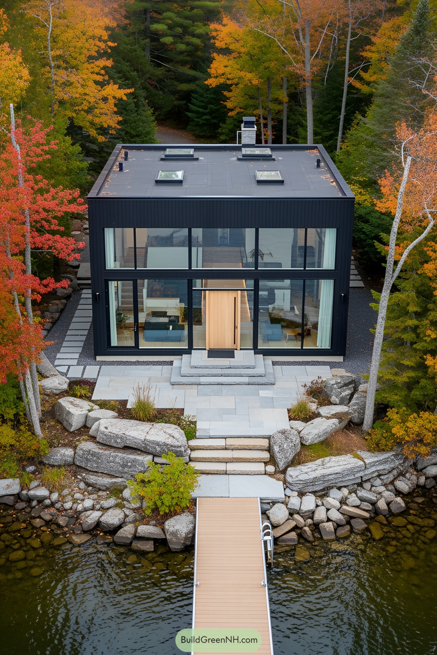 Modern lake house with large windows surrounded by autumn trees