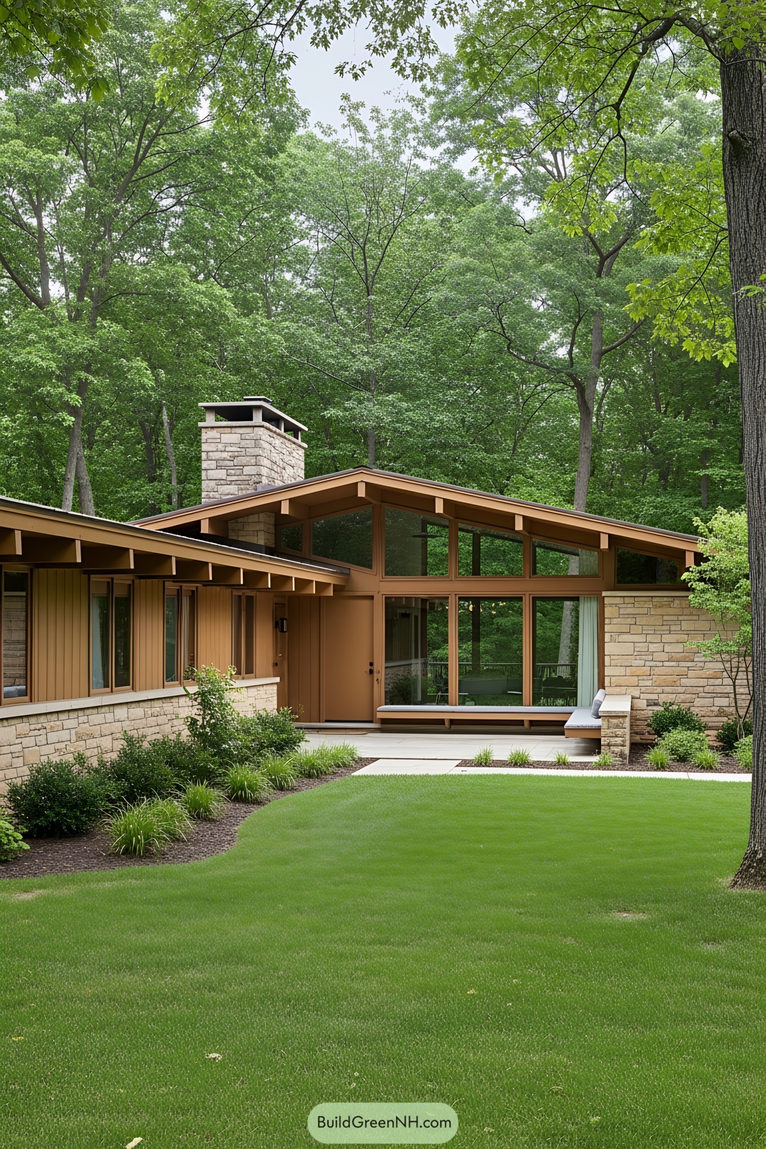 Mid-century ranch house with brown accents surrounded by trees