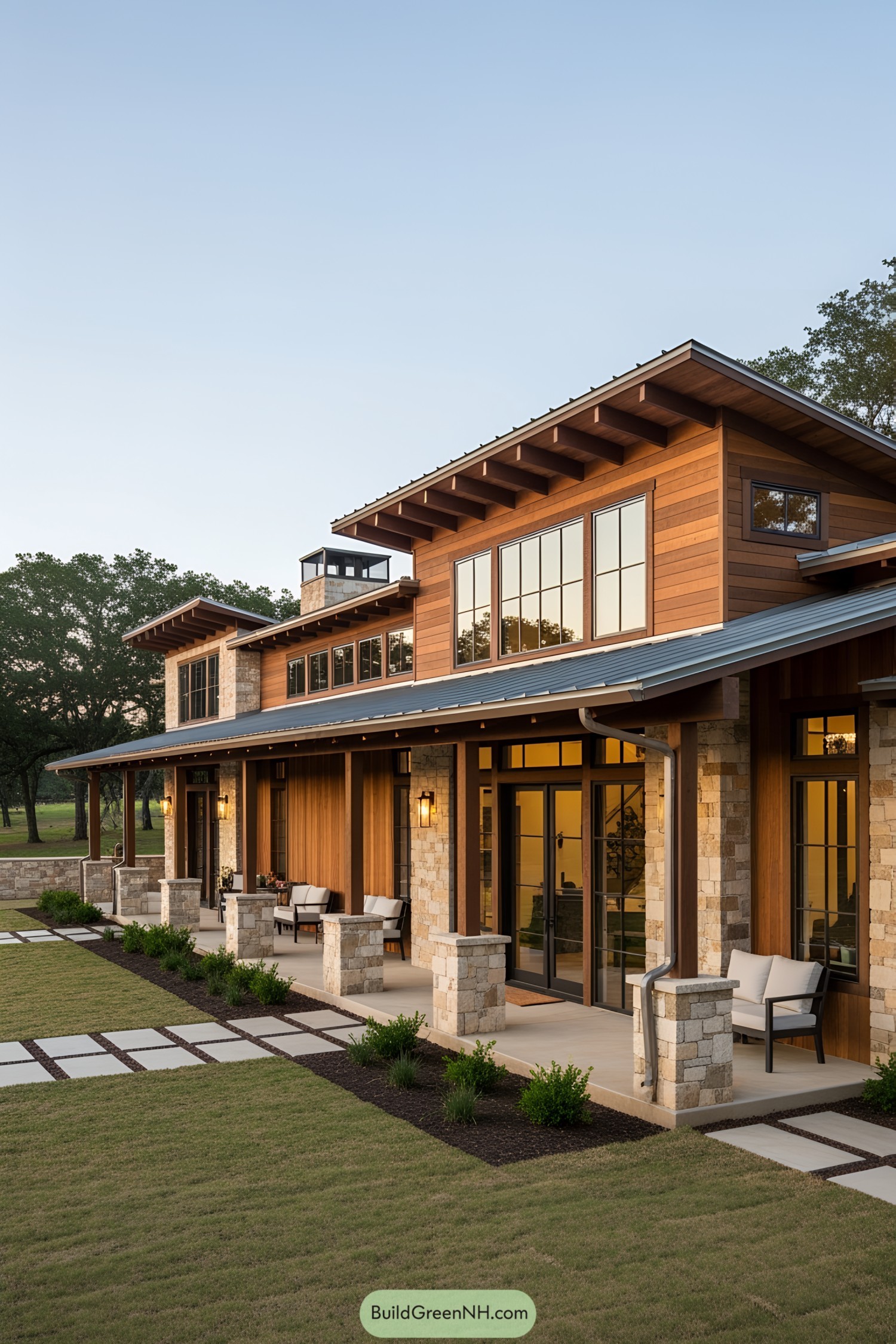 Spacious ranch house with wooden exterior and large windows