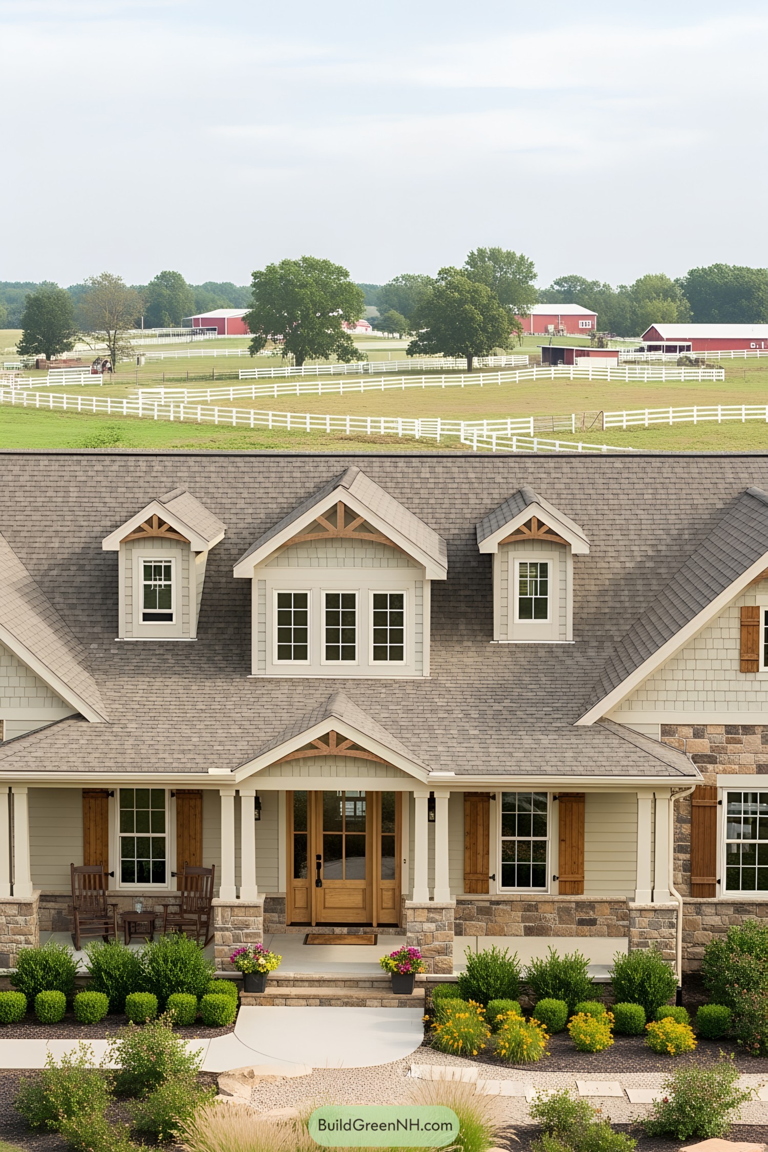 Elegant ranch house with stone and wood accents
