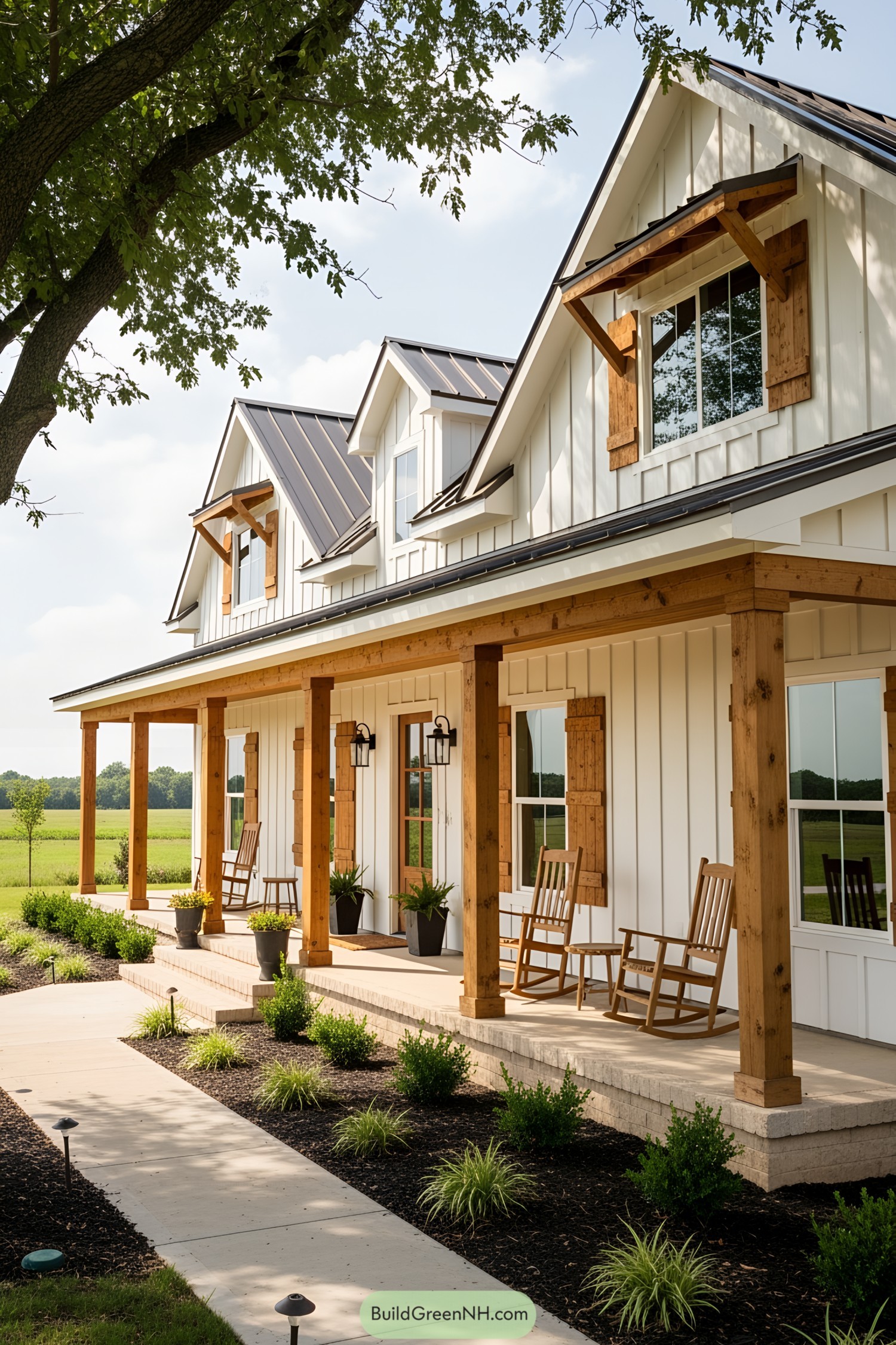 Modern American ranch house with rocking chairs on the porch
