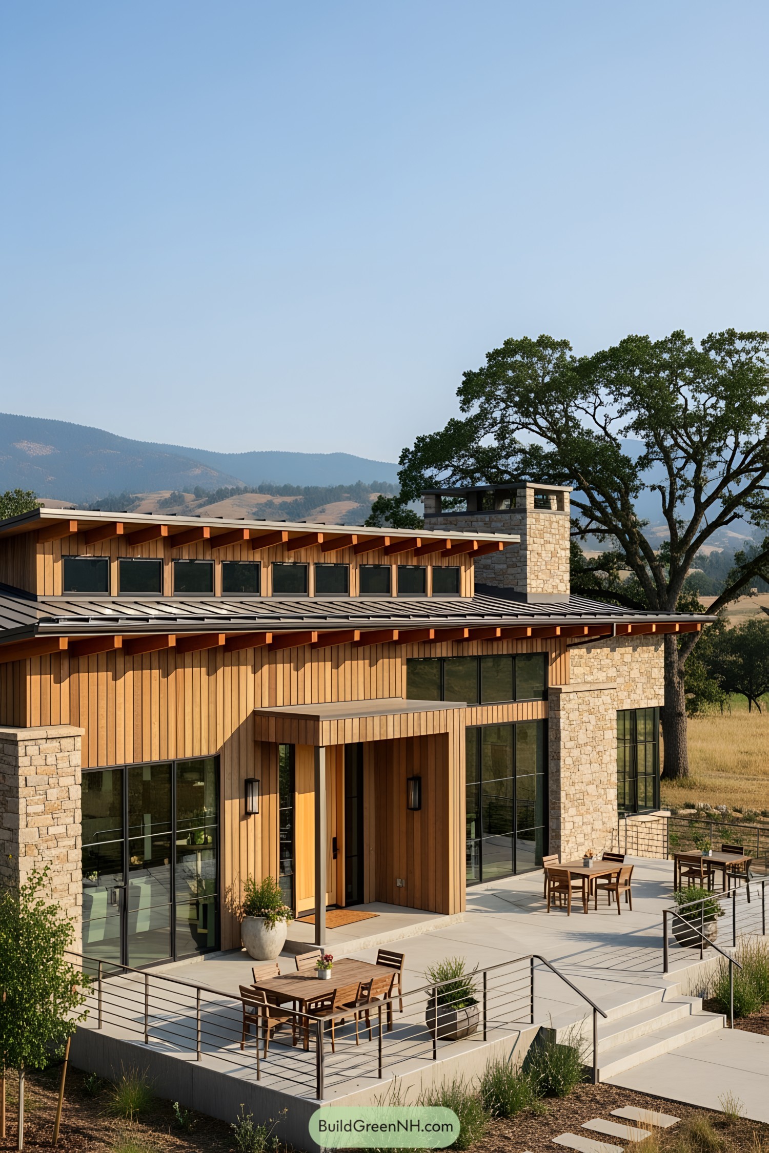 Modern ranch house with stone and wood facade, featuring a spacious patio and large windows
