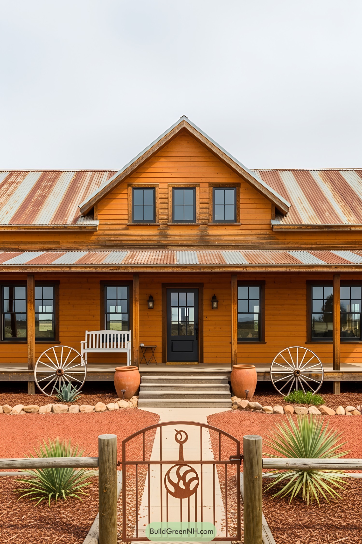 Rustic ranch house with wagon wheels and a charming porch
