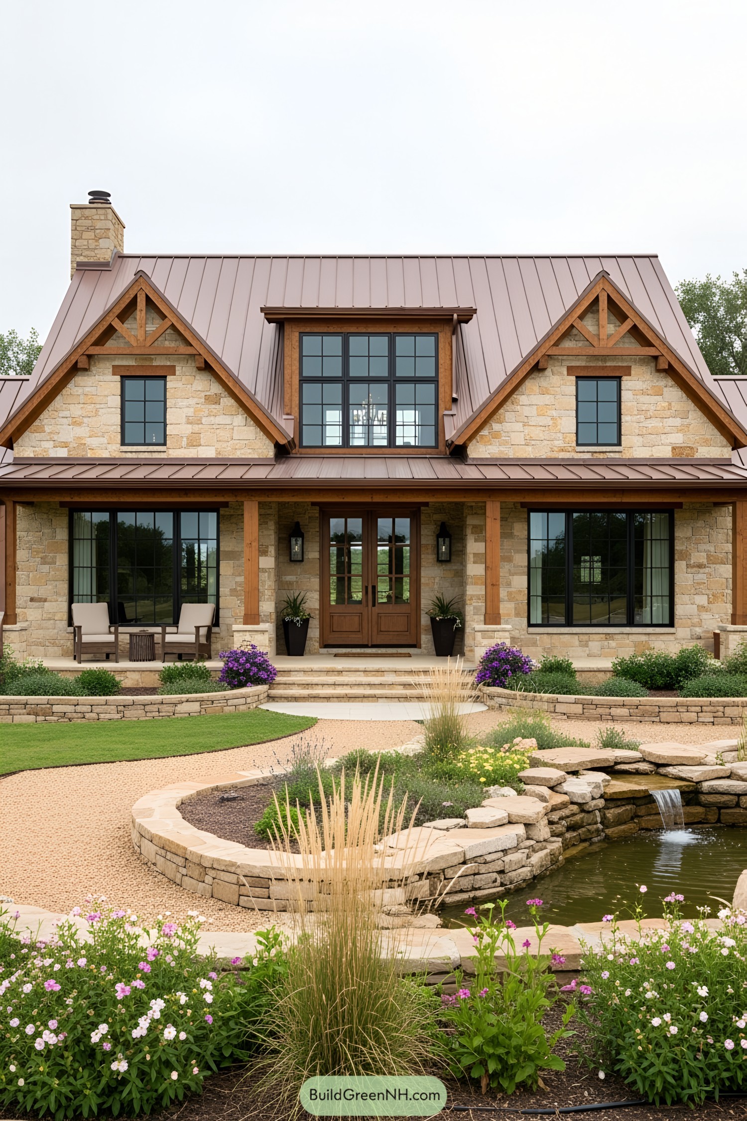 Stone ranch house with lush garden and pond