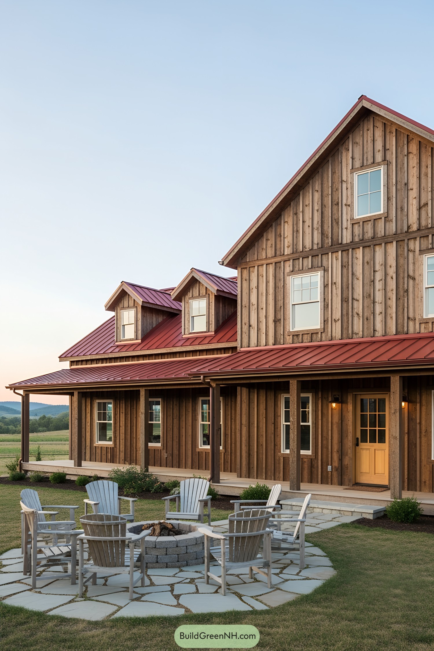 Rustic wooden ranch house with red roof