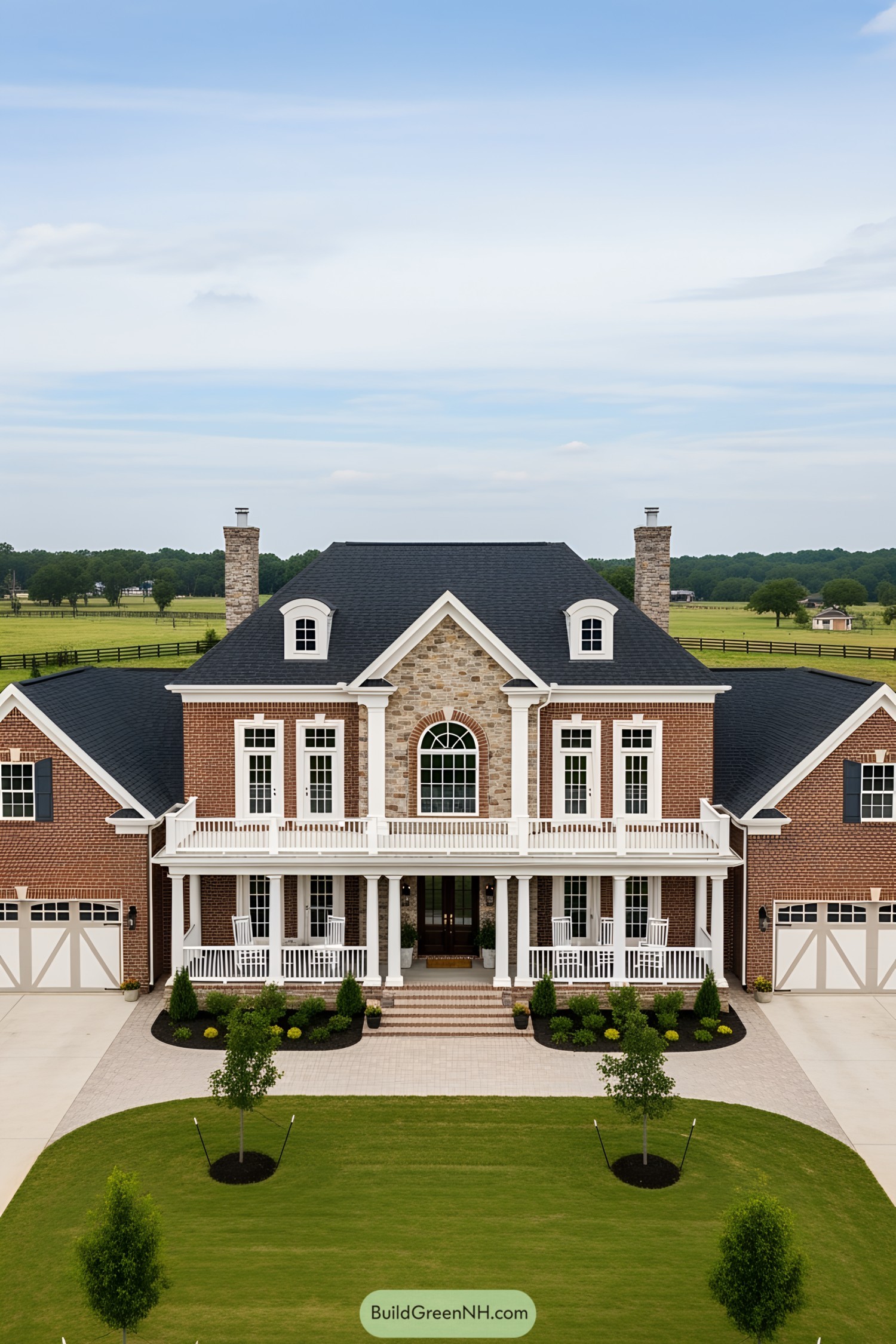 Grand ranch house with brick facade and white columns