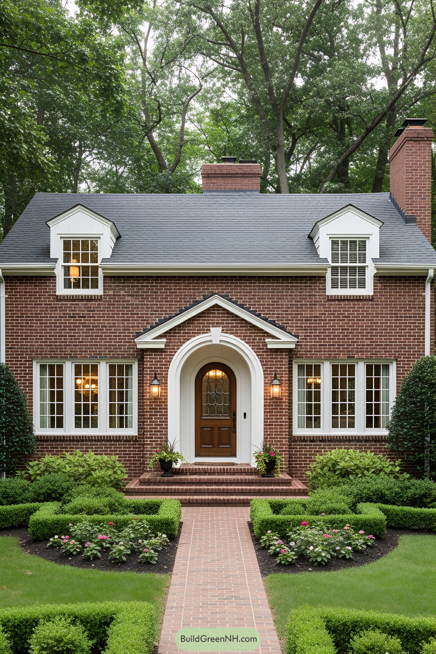 Brick house with manicured lawn and symmetrical windows