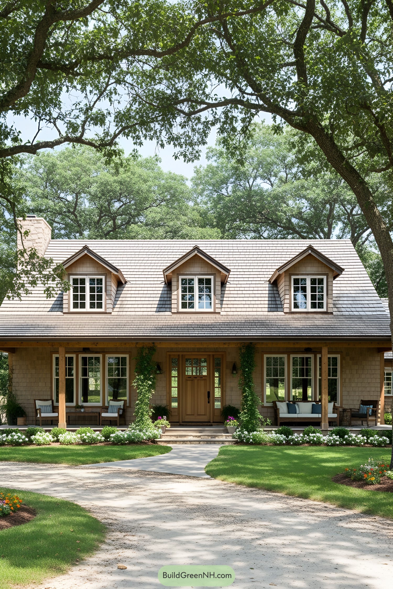 Single-story ranch style house surrounded by trees and vibrant greenery