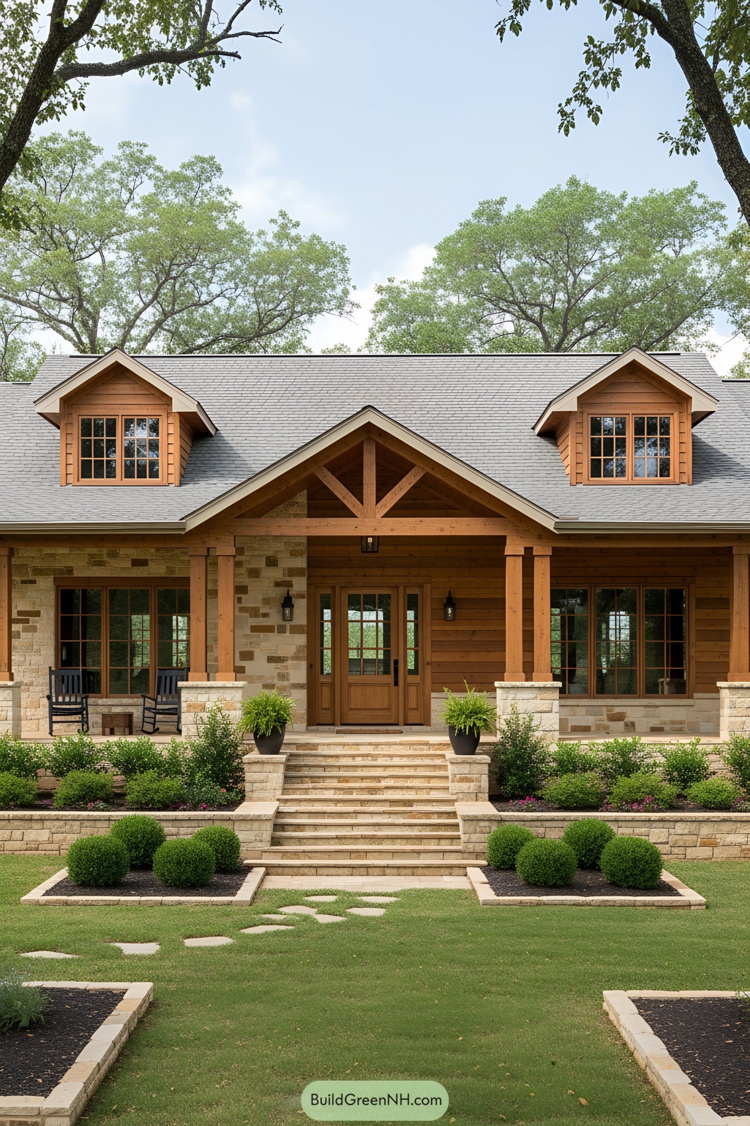Charming ranch house with wooden and stone details