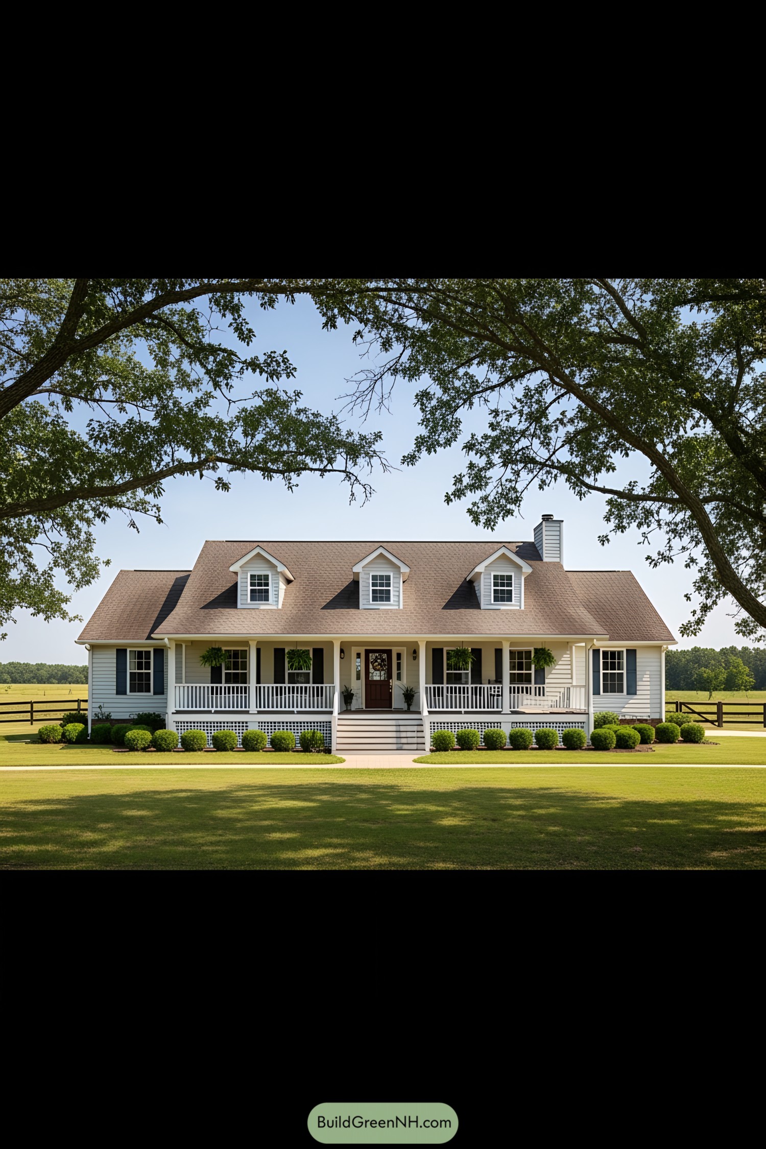 Charming ranch house with manicured lawn and shady trees