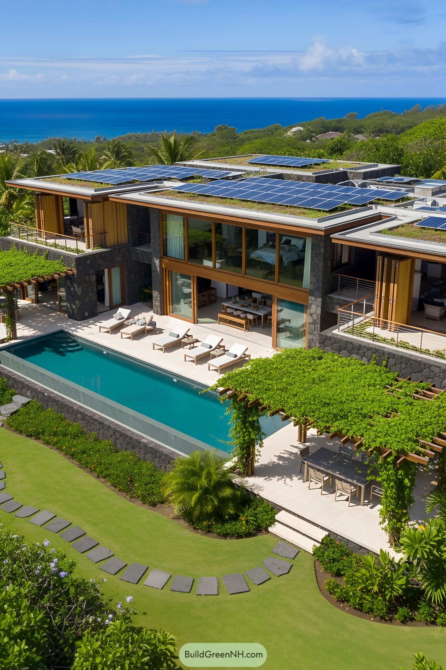 Luxurious house with volcanic stone facade, pool, and ocean view