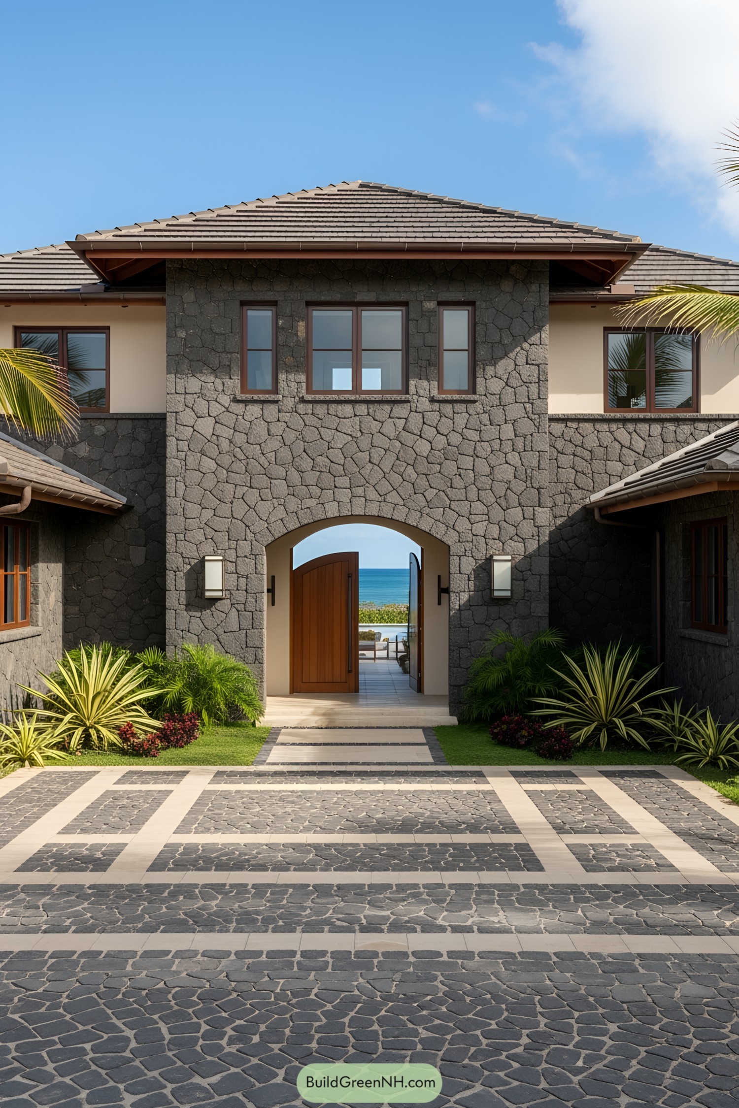 Two-story house with a volcanic stone facade and arched wooden door