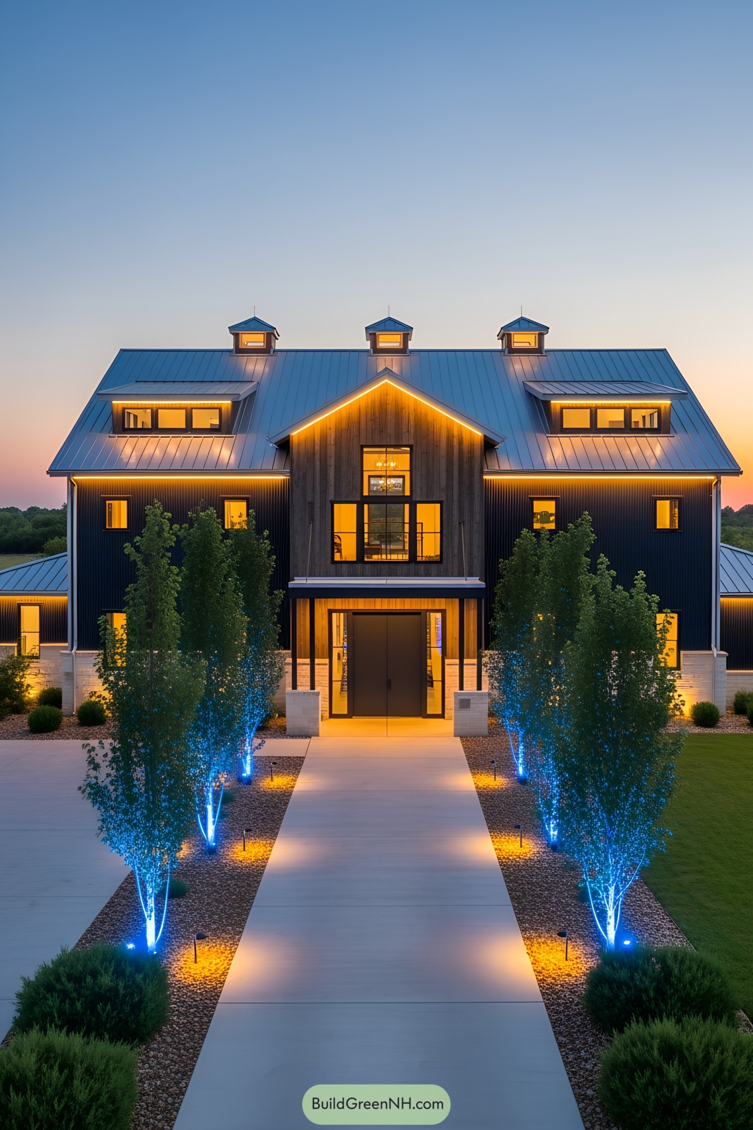 Modern barn with LED-lit driveway and trees at sunset