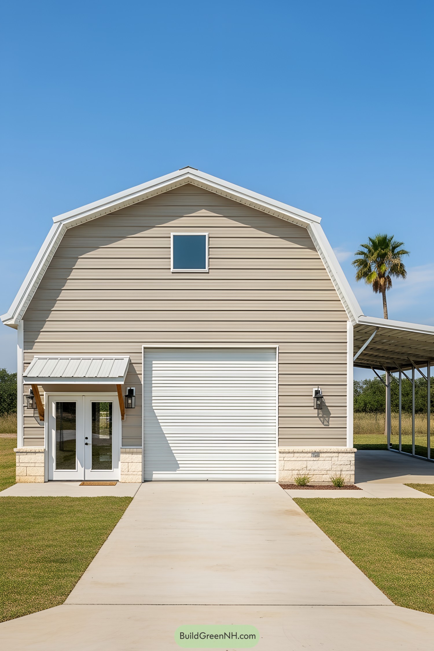Barndominium facade with garage and palm tree